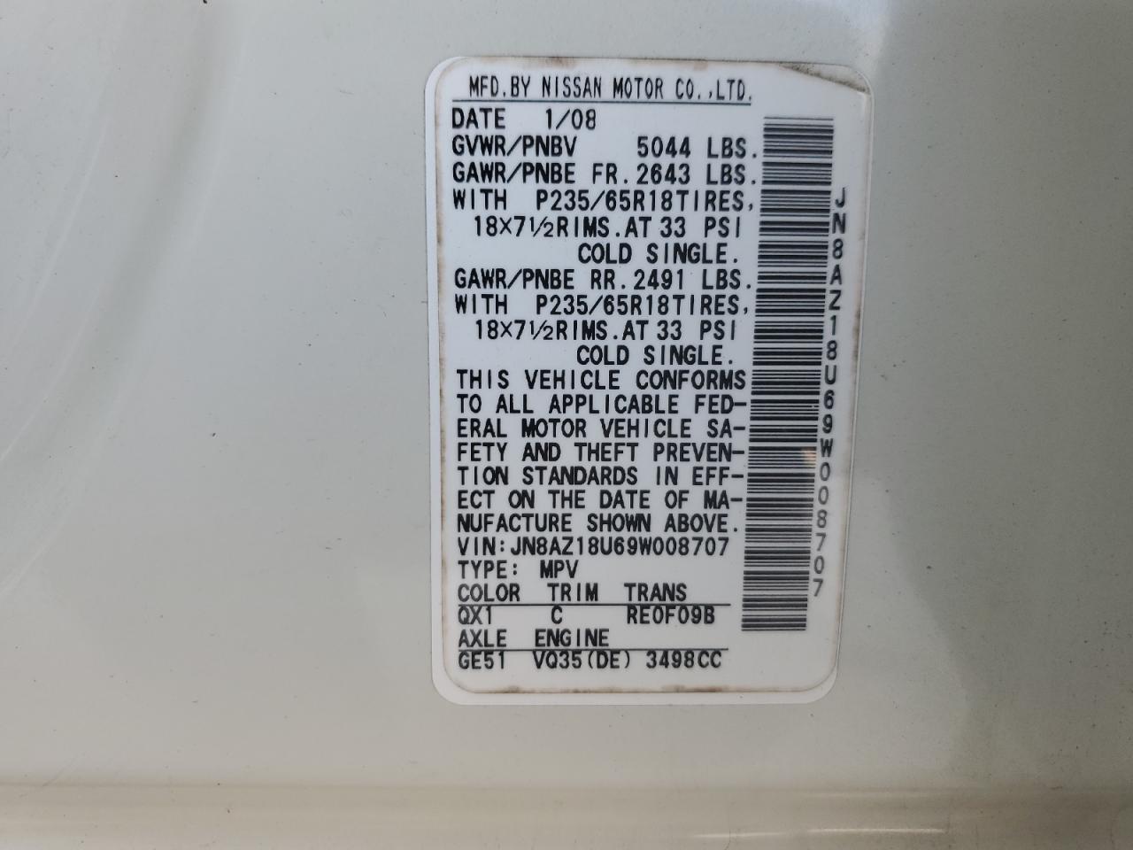 2009 Nissan Murano S Белый vin: JN8AZ18U69W008707