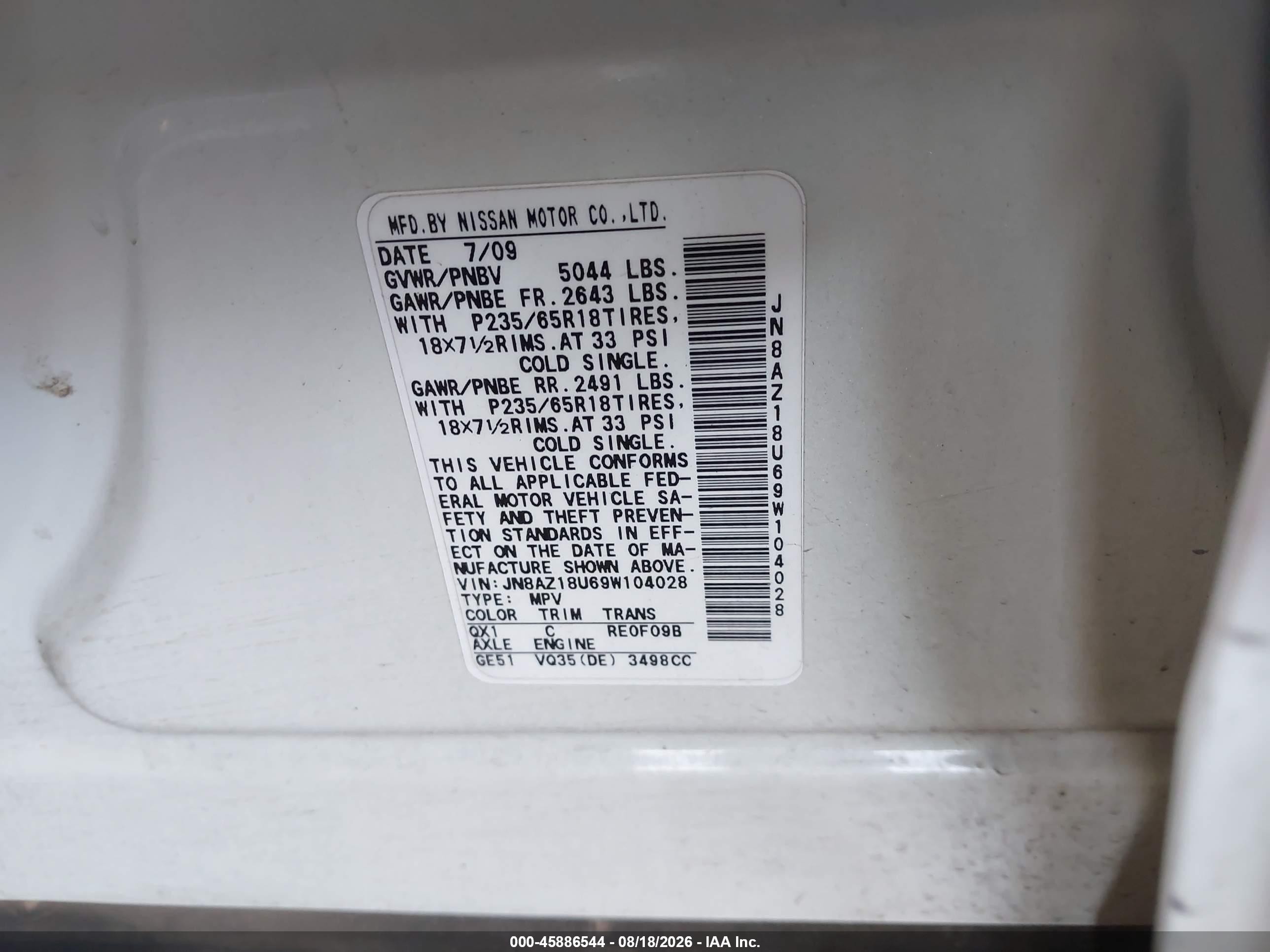 2009 Nissan Murano Sl White vin: JN8AZ18U69W104028