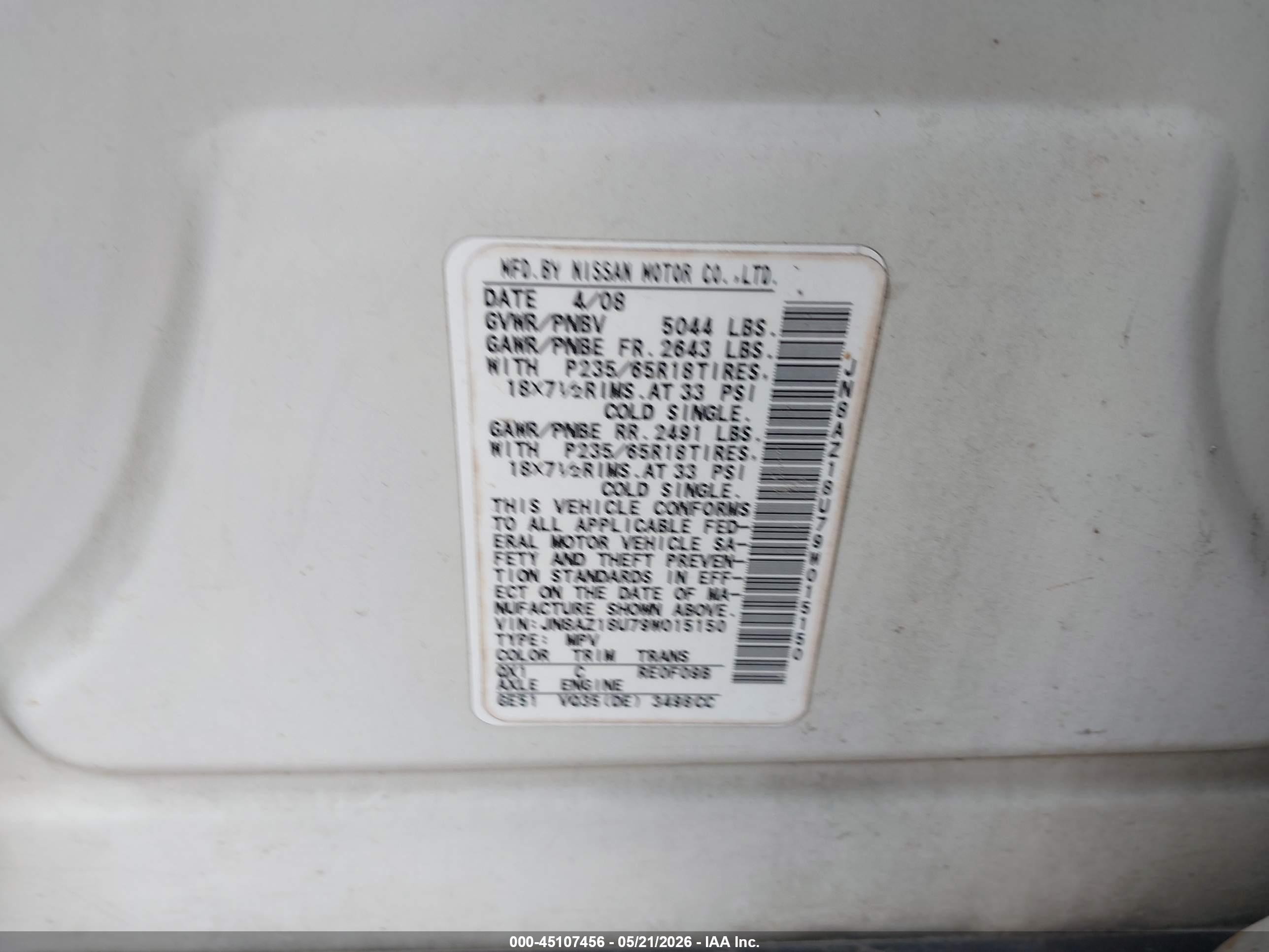 2009 Nissan Murano Sl White vin: JN8AZ18U79W015150