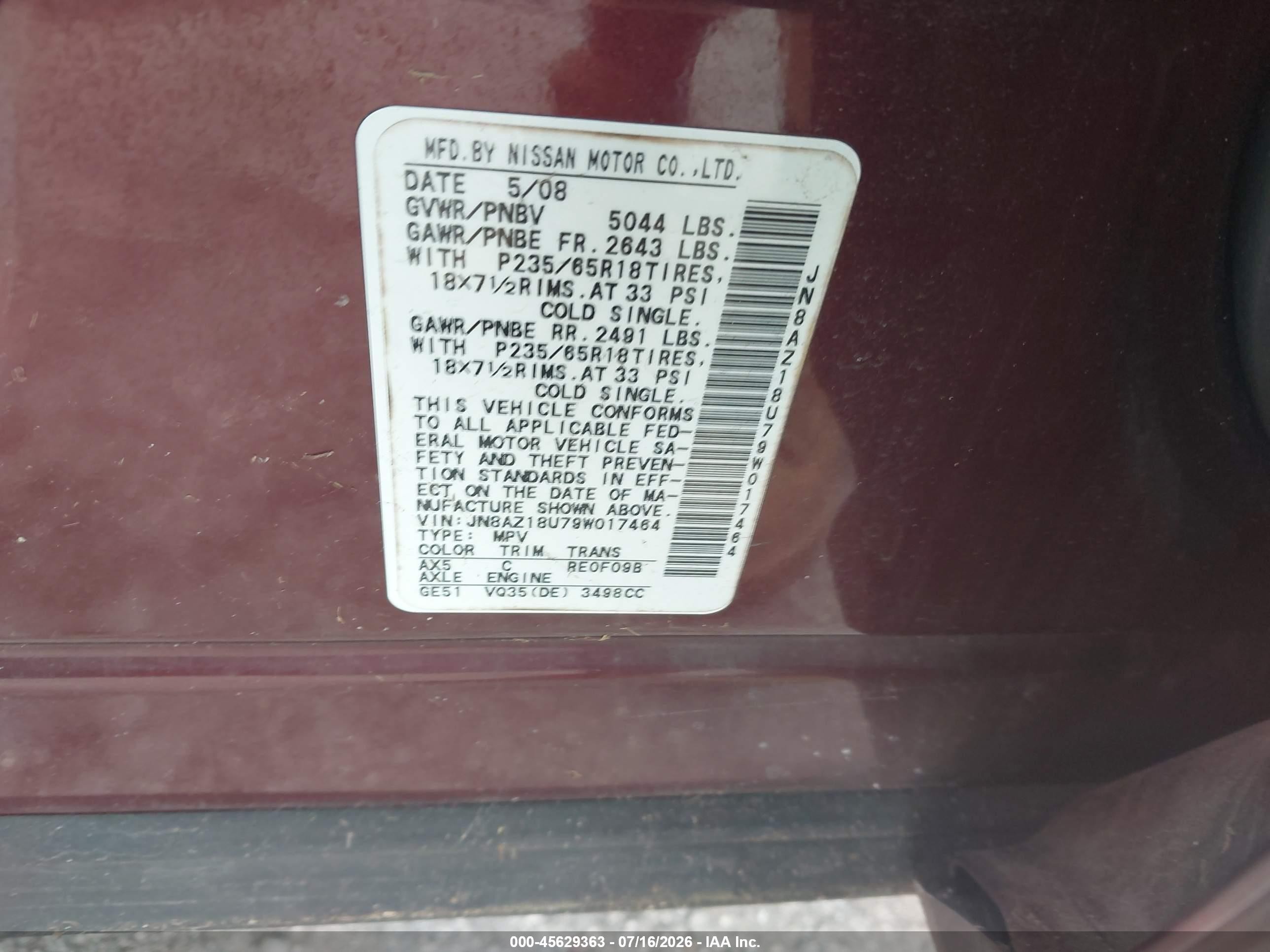2009 Nissan Murano Sl Burgundy vin: JN8AZ18U79W017464