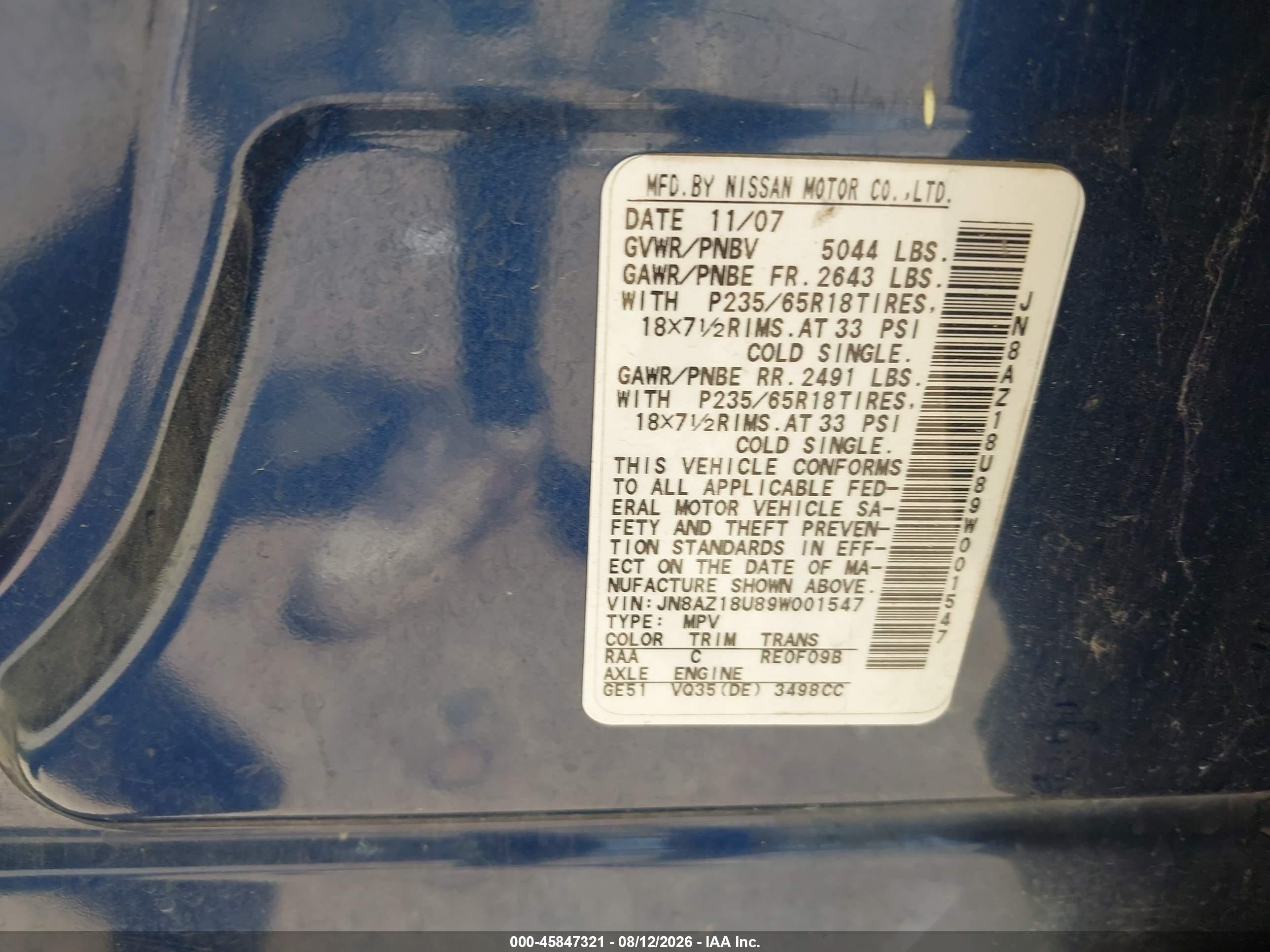 2009 Nissan Murano S Blue vin: JN8AZ18U89W001547
