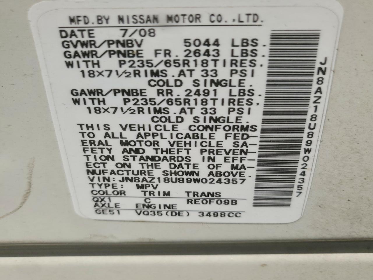 2009 Nissan Murano S White vin: JN8AZ18U89W024357