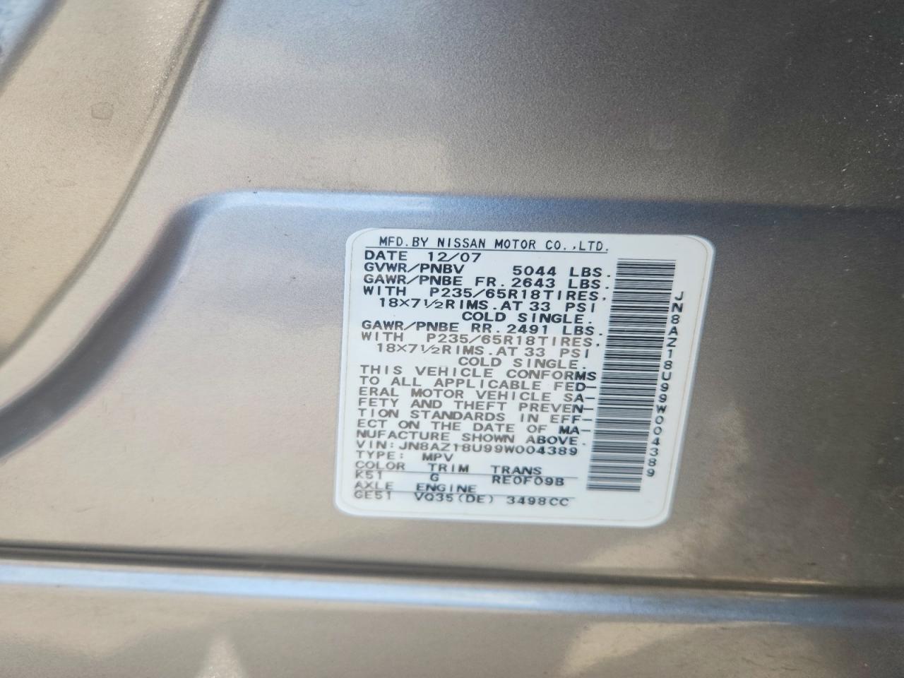 2009 Nissan Murano S Silver vin: JN8AZ18U99W004389