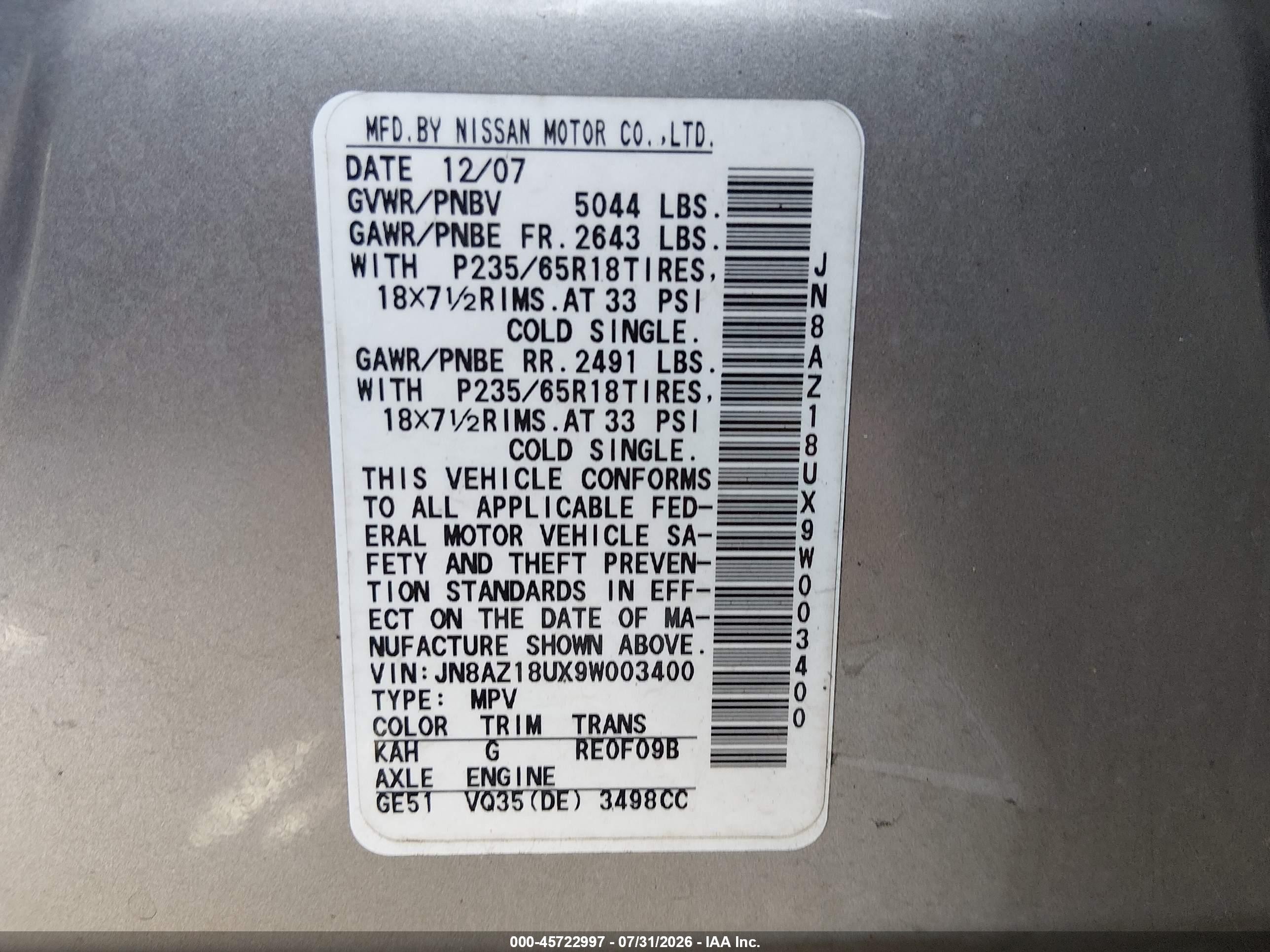 2009 Nissan Murano Sl Gold vin: JN8AZ18UX9W003400