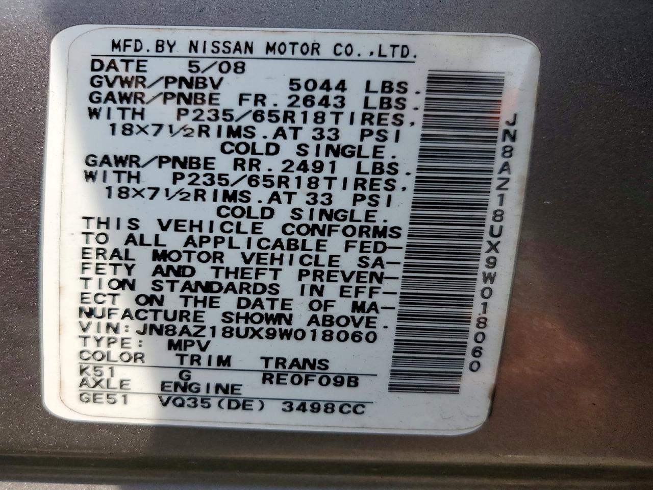 2009 Nissan Murano S Gray vin: JN8AZ18UX9W018060