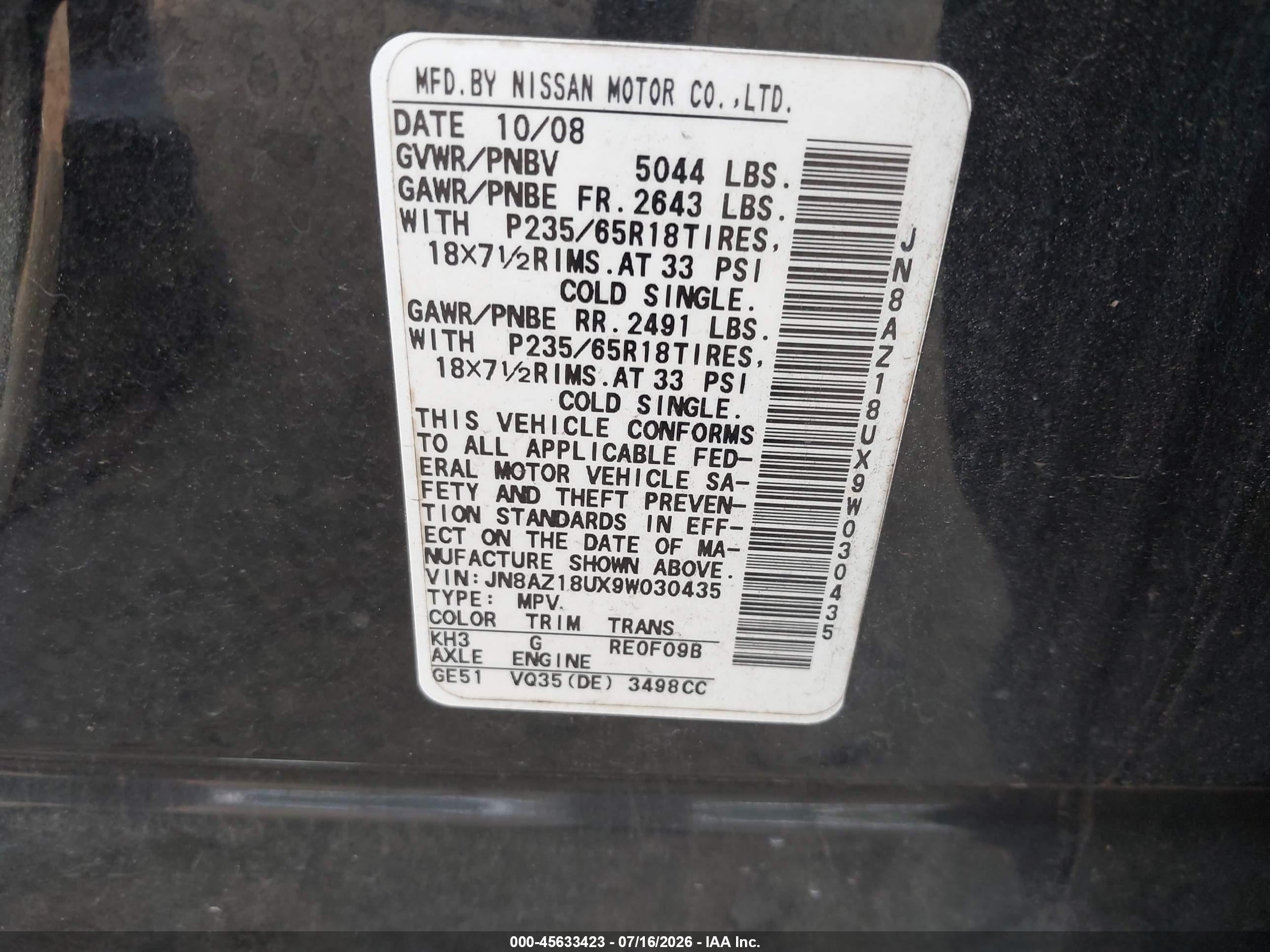 2009 Nissan Murano Sl Black vin: JN8AZ18UX9W030435