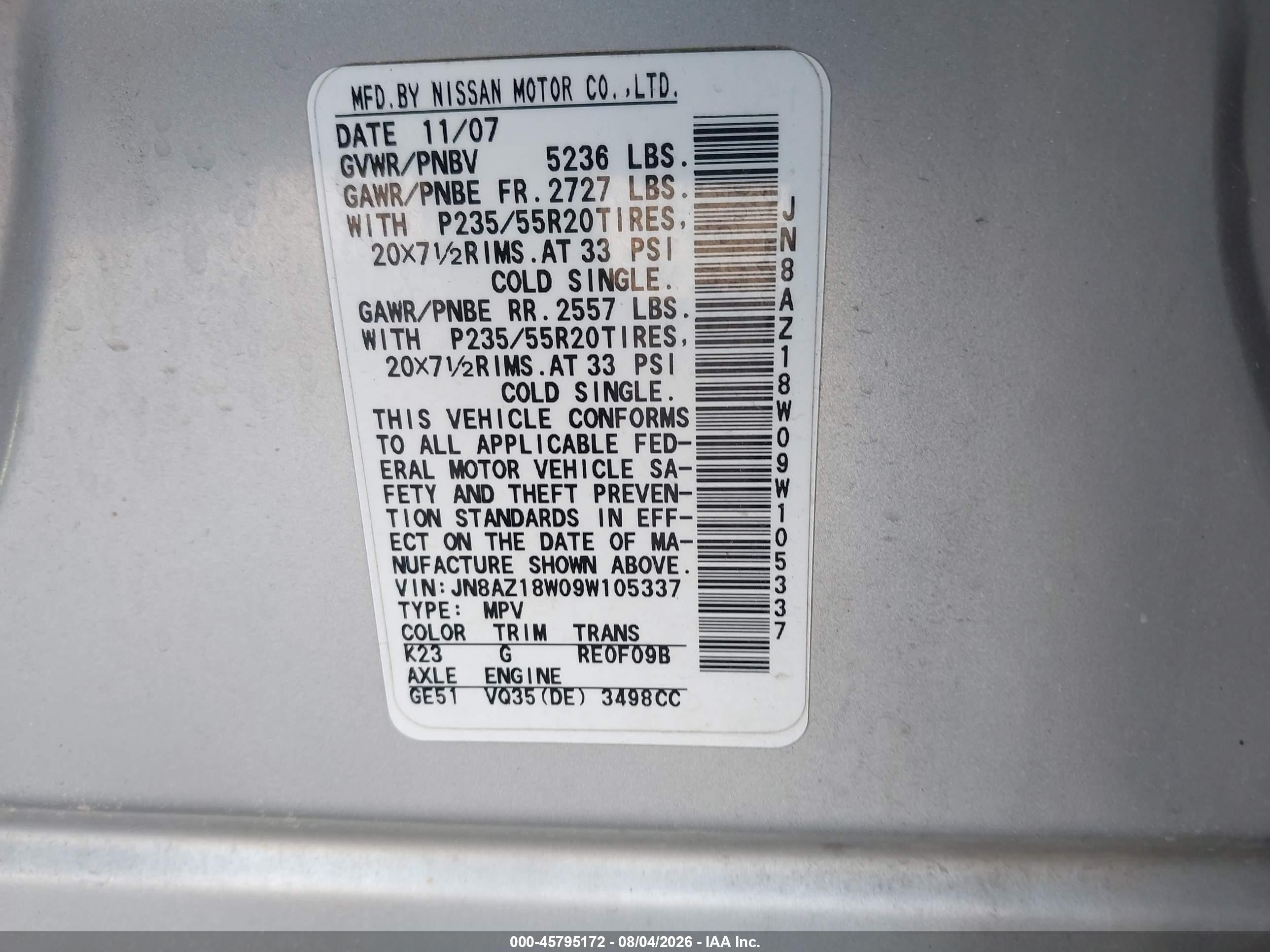 2009 Nissan Murano Le Gray vin: JN8AZ18W09W105337