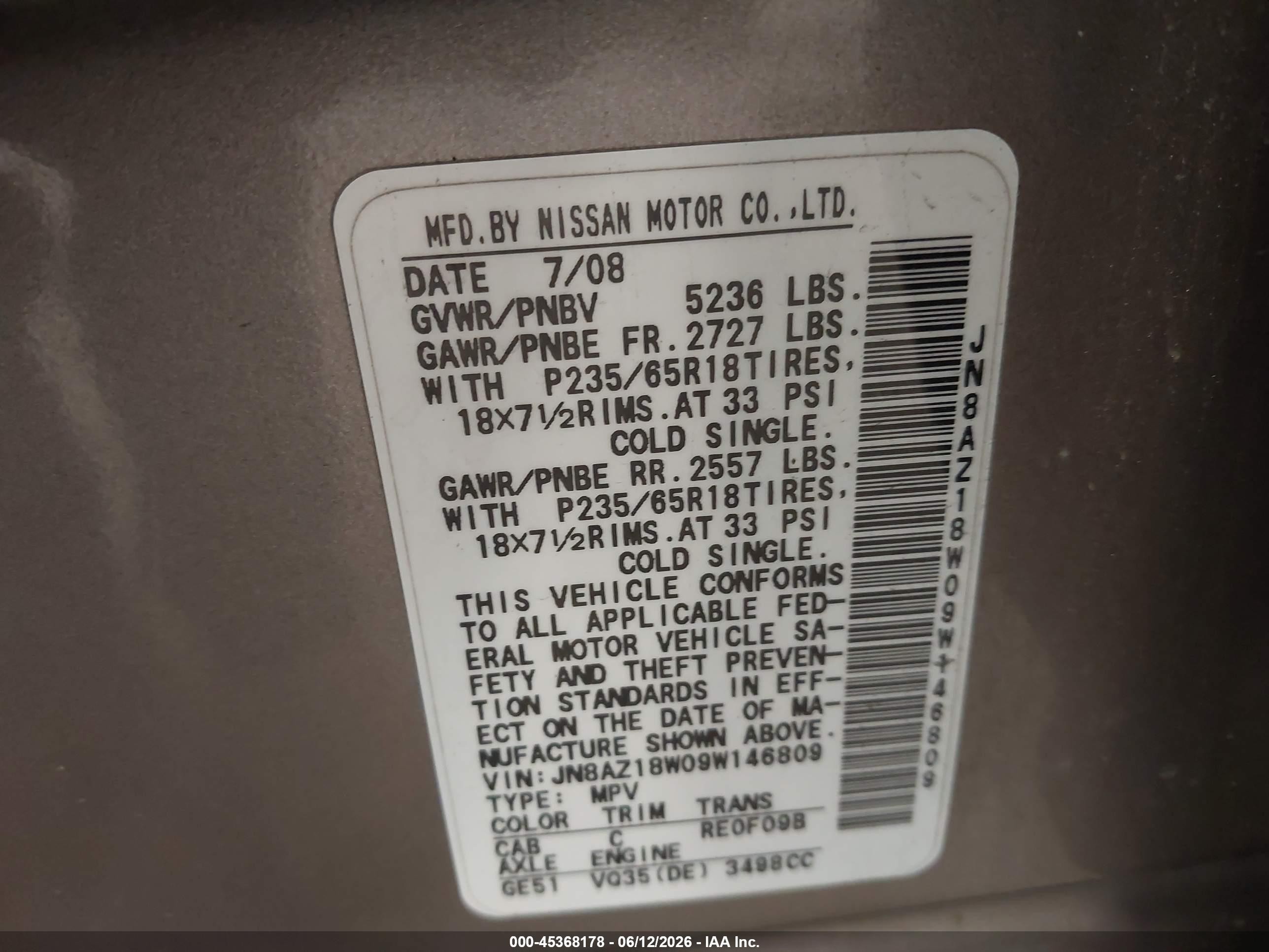 2009 Nissan Murano Sl Gold vin: JN8AZ18W09W146809