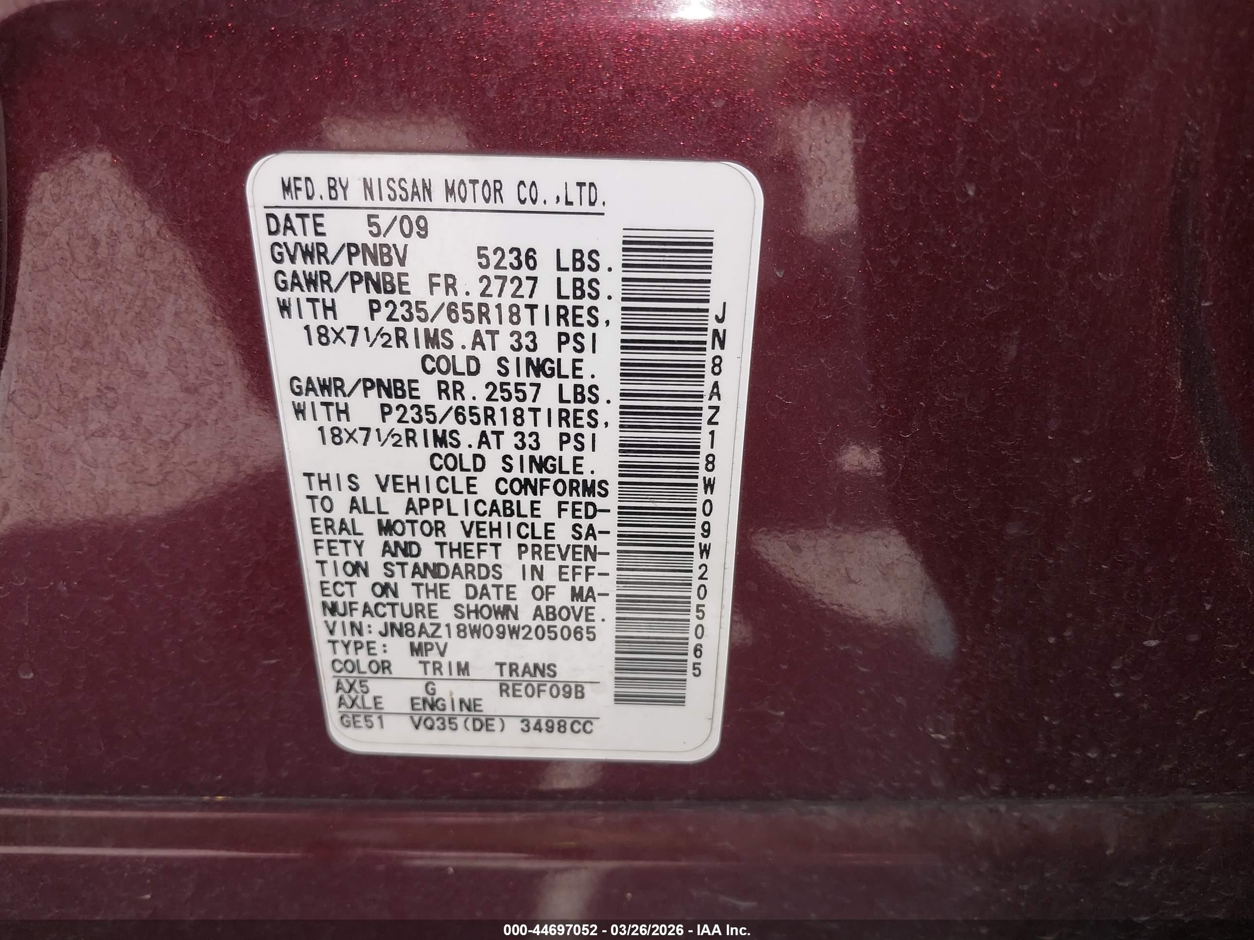 2009 Nissan Murano Sl Red vin: JN8AZ18W09W205065