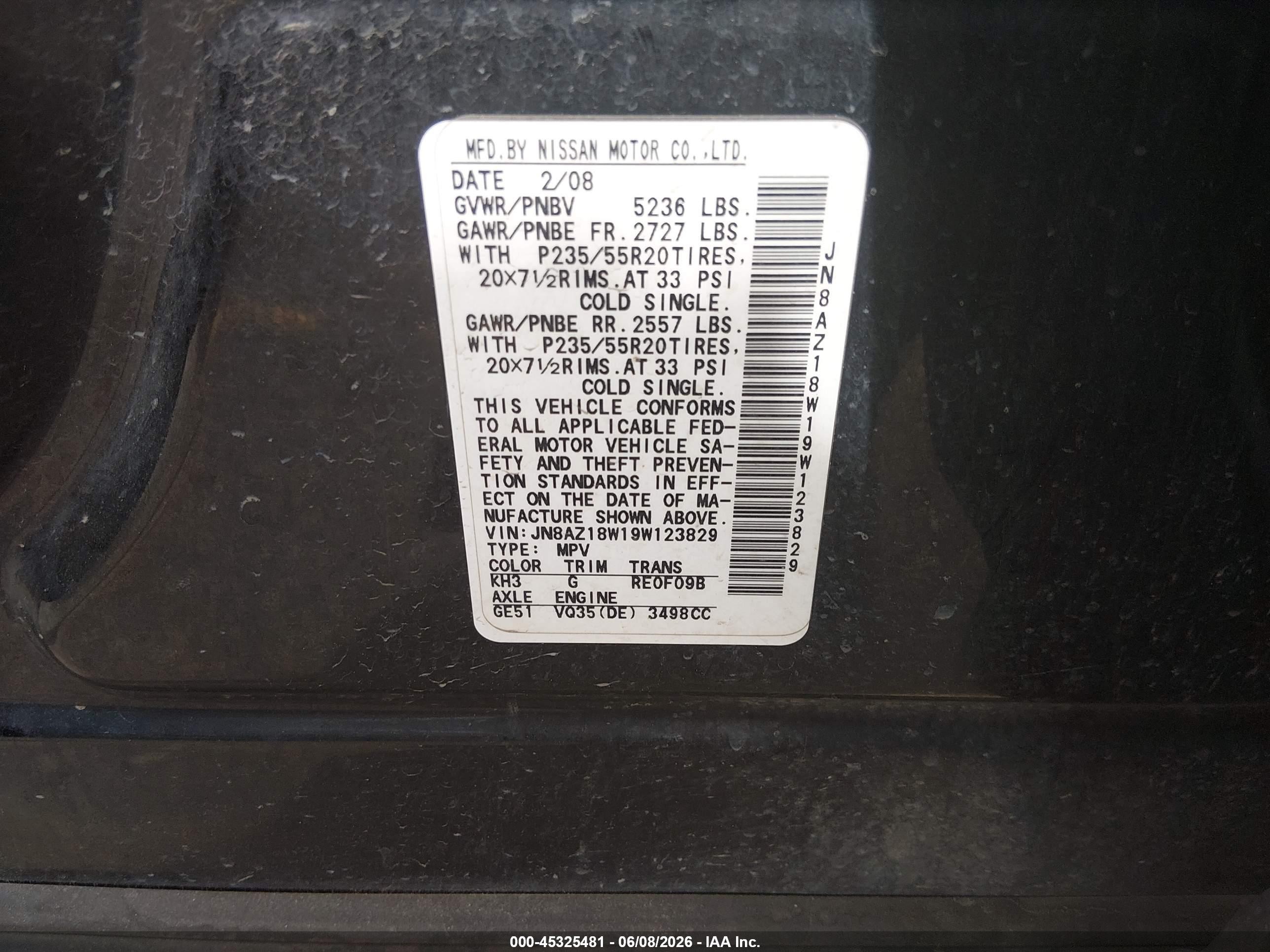 2009 Nissan Murano Le Black vin: JN8AZ18W19W123829