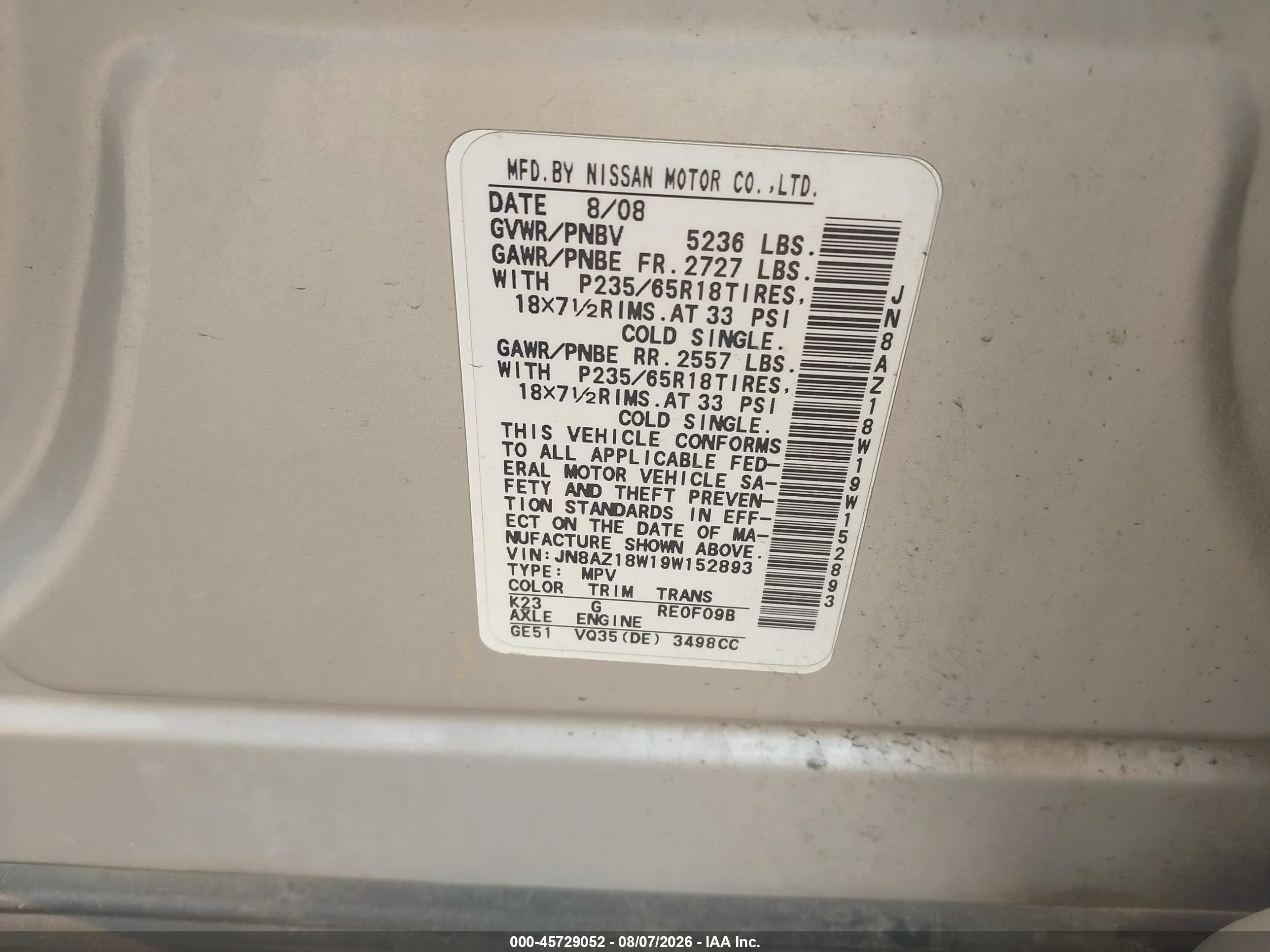 2009 Nissan Murano S Silver vin: JN8AZ18W19W152893