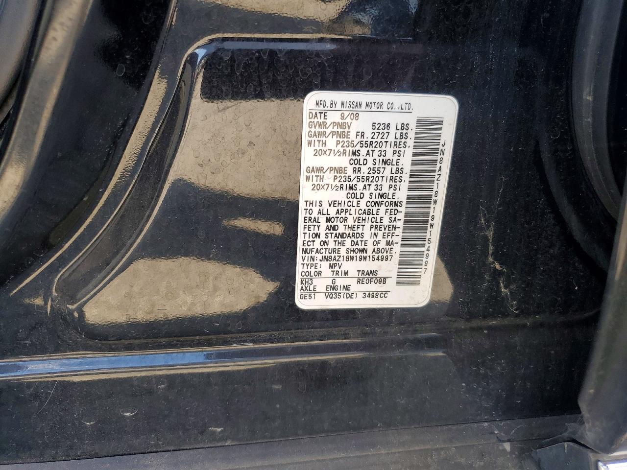 2009 Nissan Murano S Black vin: JN8AZ18W19W154997