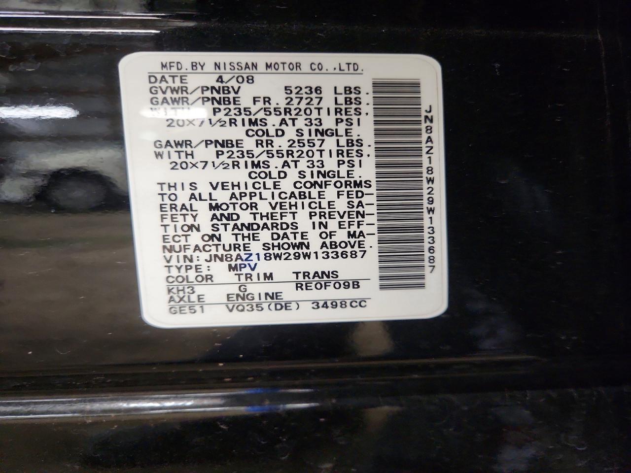 2009 Nissan Murano S/sl/le Black vin: JN8AZ18W29W133687