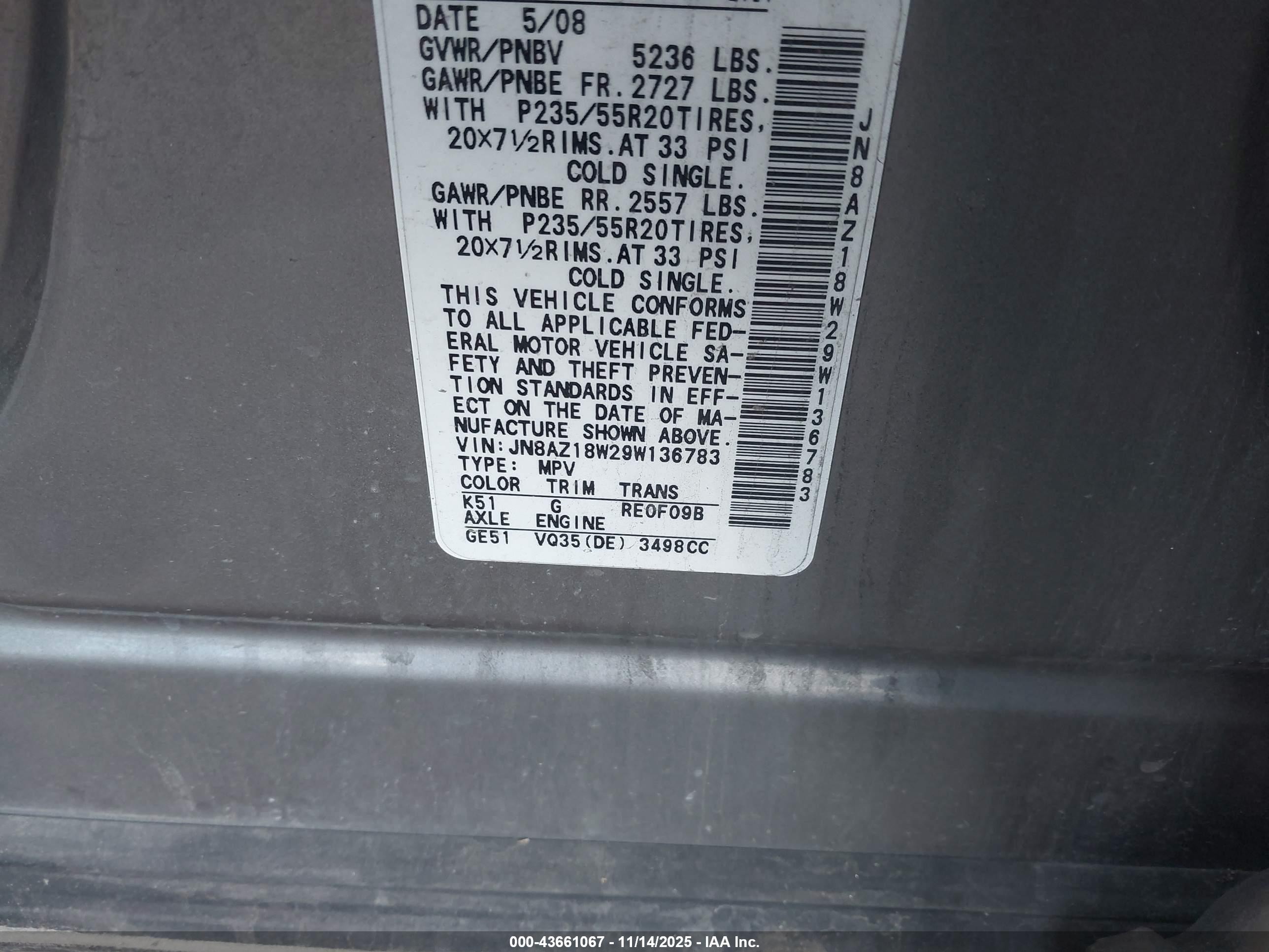 2009 Nissan Murano Le Gray vin: JN8AZ18W29W136783