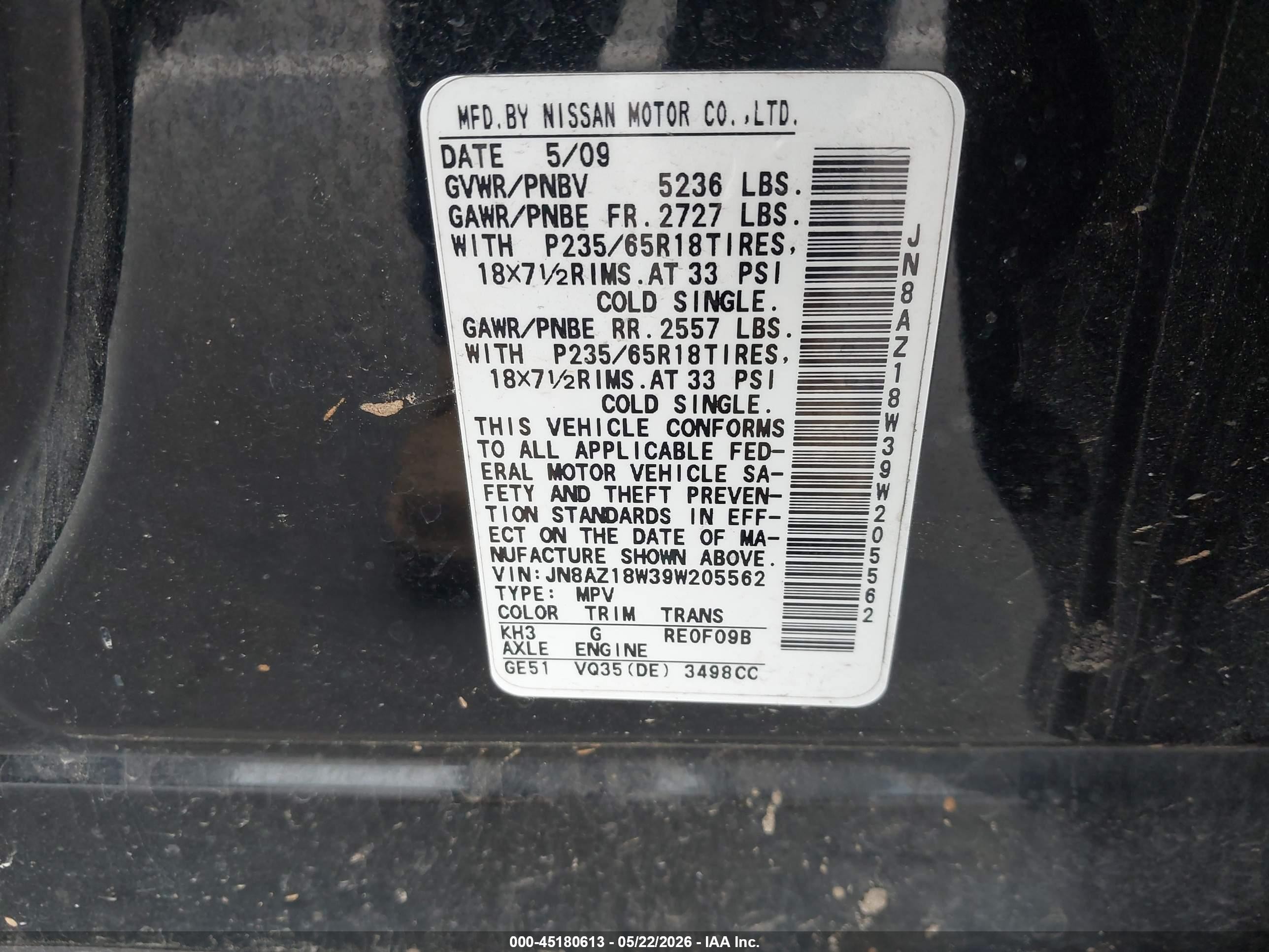 2009 Nissan Murano Sl Black vin: JN8AZ18W39W205562