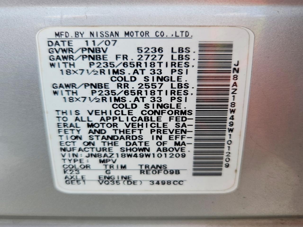 2009 Nissan Murano S White vin: JN8AZ18W49W101209
