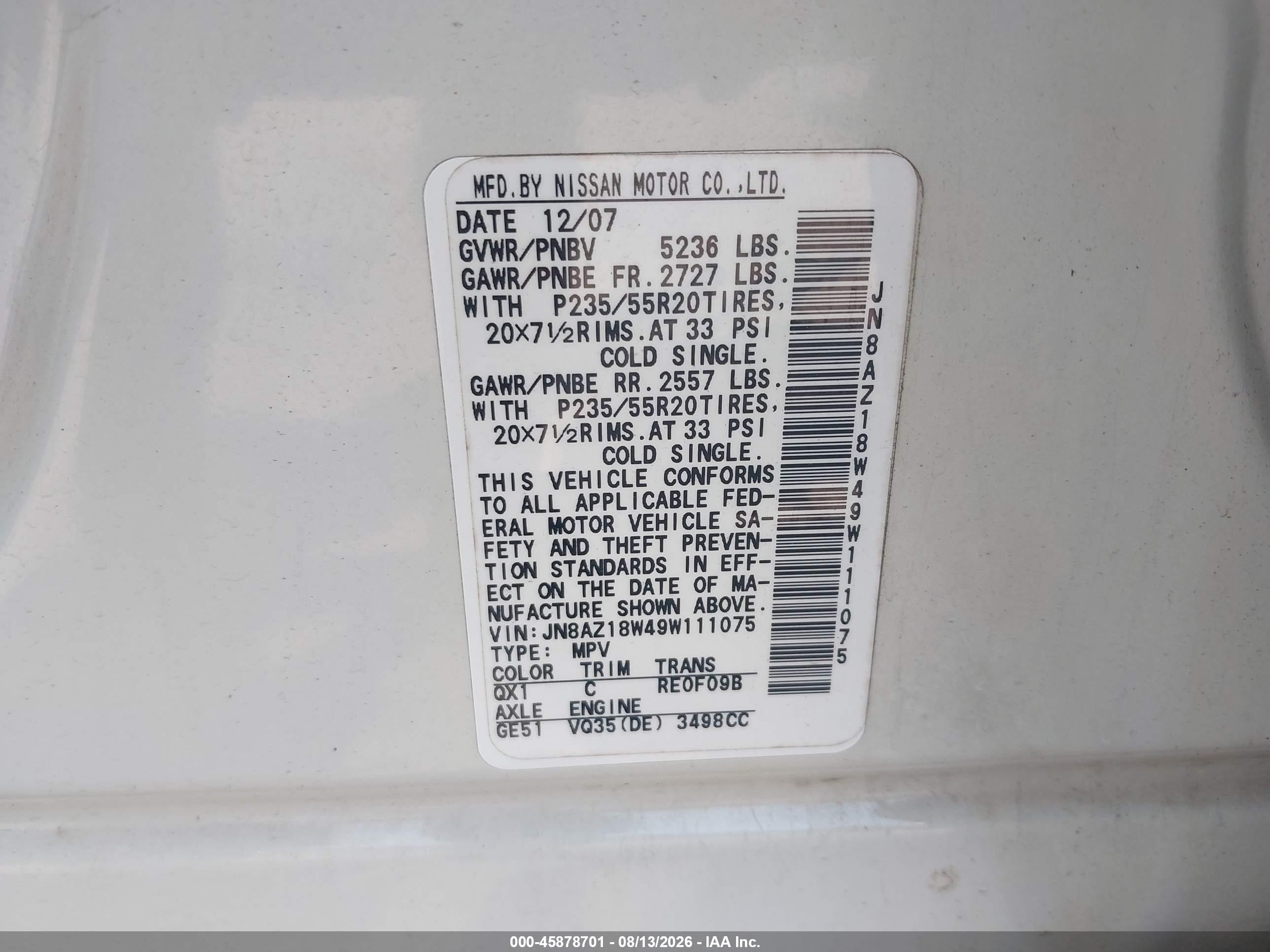 2009 Nissan Murano Le White vin: JN8AZ18W49W111075