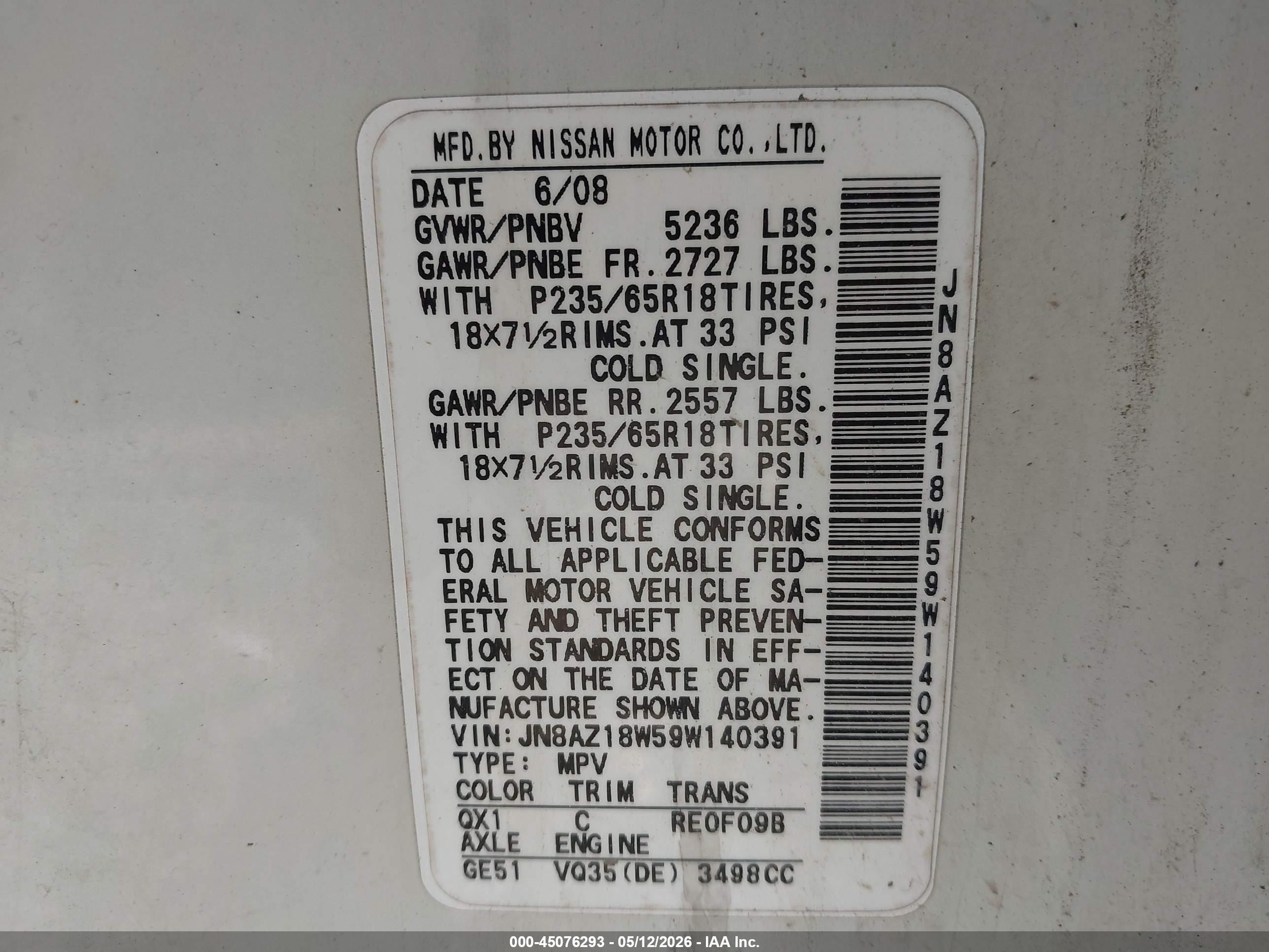 2009 Nissan Murano Sl White vin: JN8AZ18W59W140391