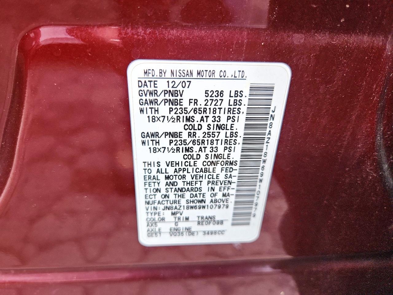 2009 Nissan Murano S/sl/le Бордовый vin: JN8AZ18W69W107979