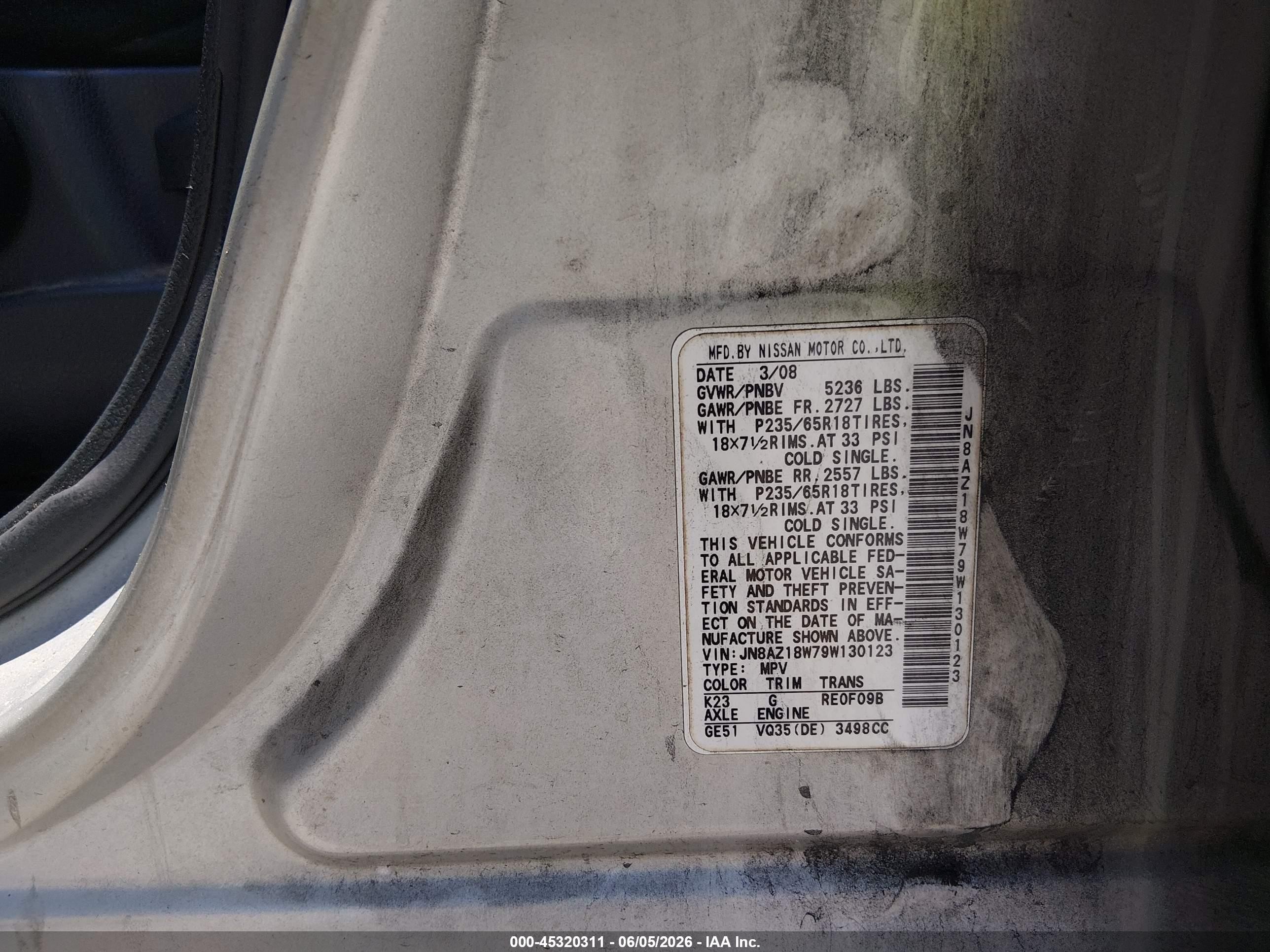 2009 Nissan Murano S Серебряный vin: JN8AZ18W79W130123