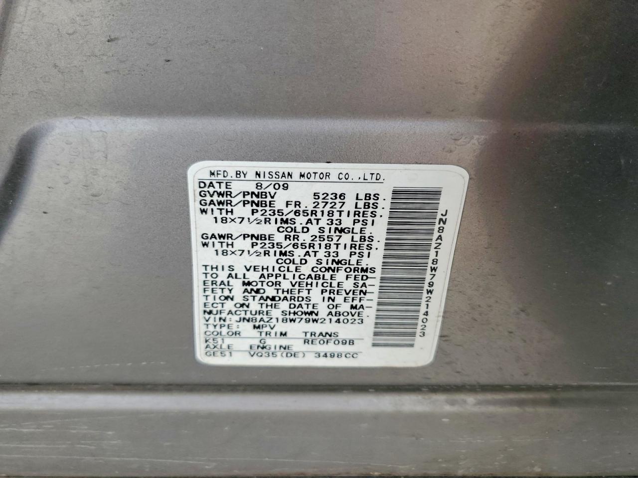 2009 Nissan Murano S Gray vin: JN8AZ18W79W214023