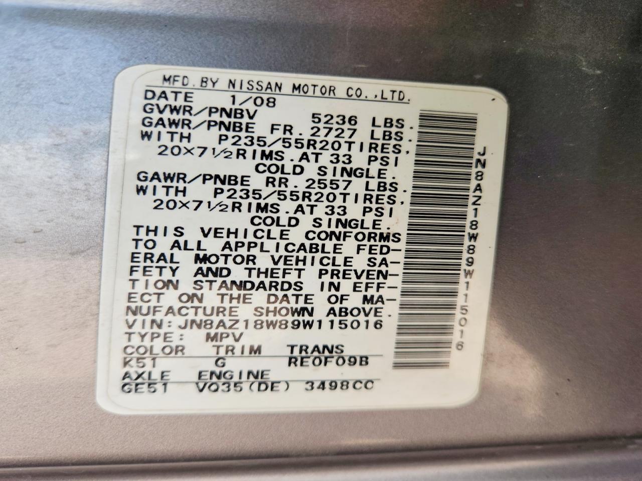 2009 Nissan Murano S Gray vin: JN8AZ18W89W115016