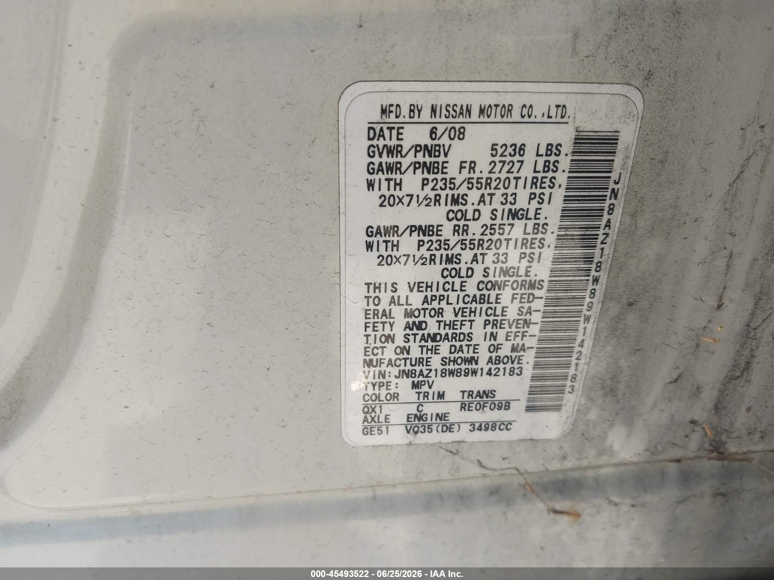 2009 Nissan Murano Le White vin: JN8AZ18W89W142183