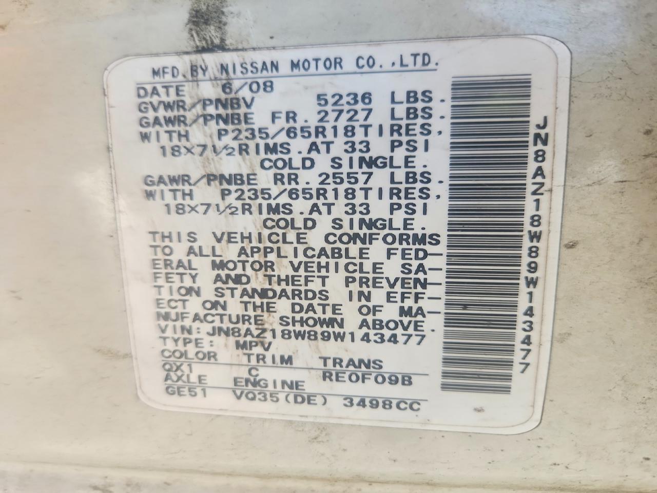 2009 Nissan Murano S Белый vin: JN8AZ18W89W143477