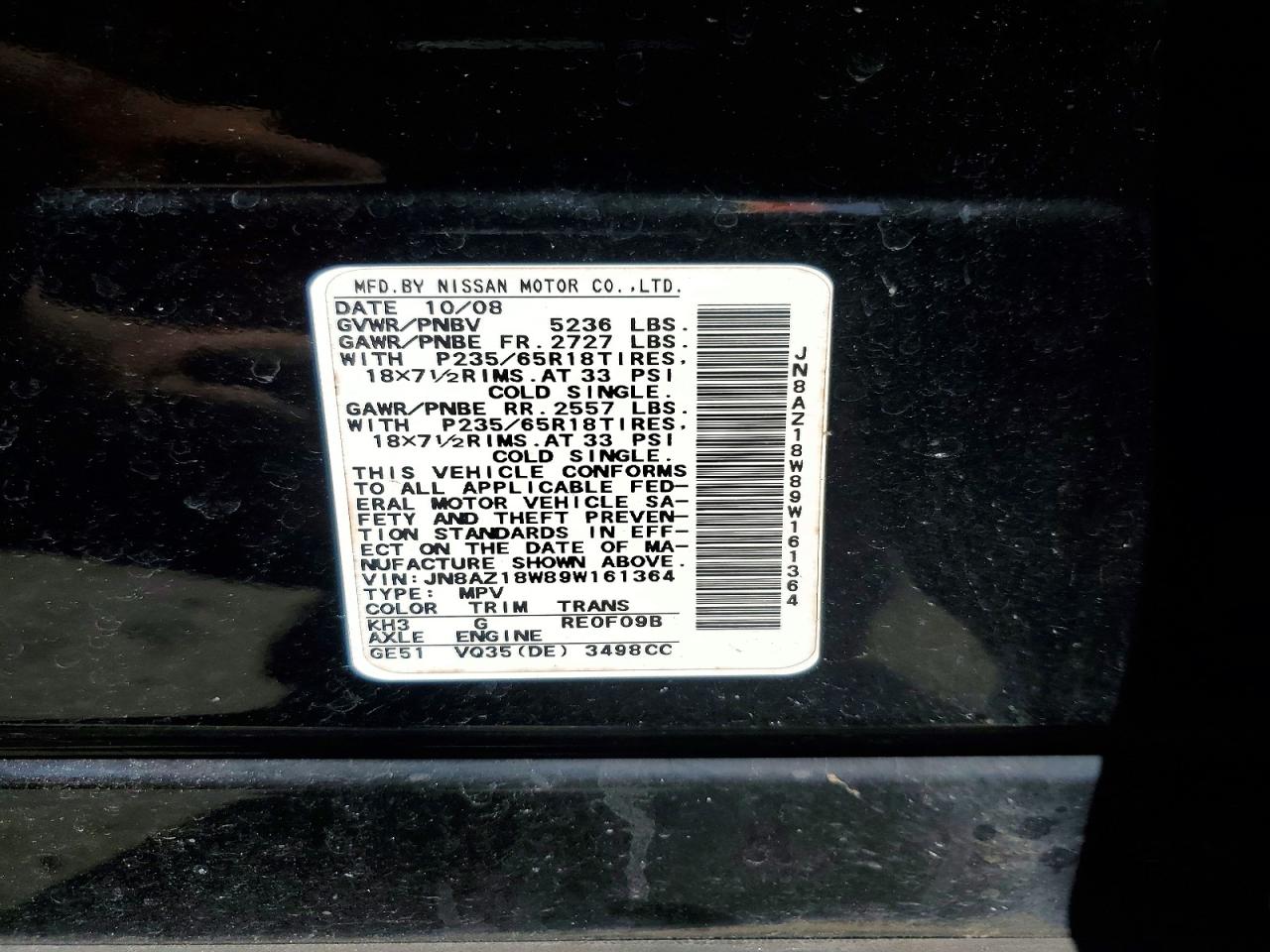 2009 Nissan Murano S/sl/le Black vin: JN8AZ18W89W161364