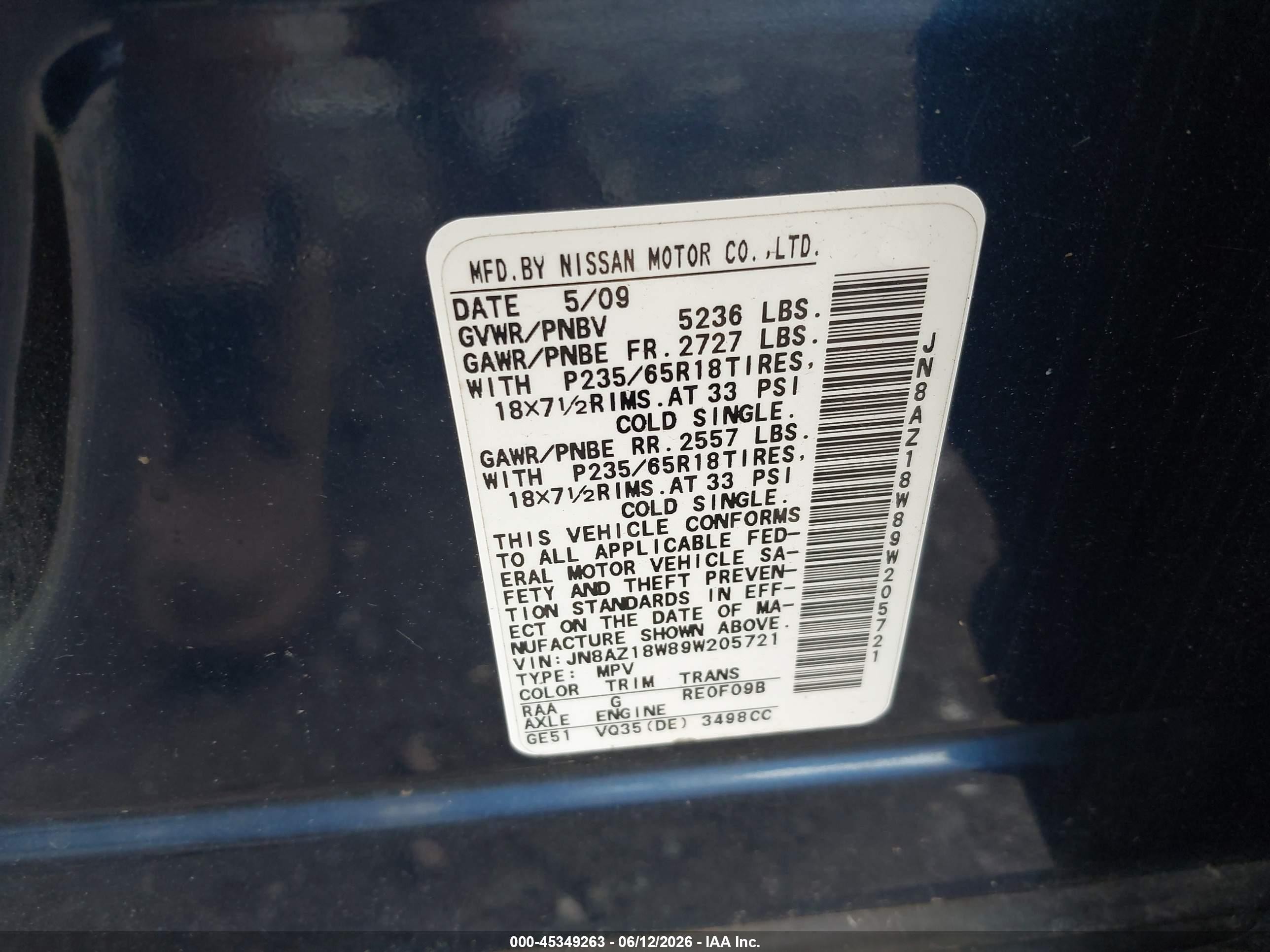 2009 Nissan Murano Sl Blue vin: JN8AZ18W89W205721