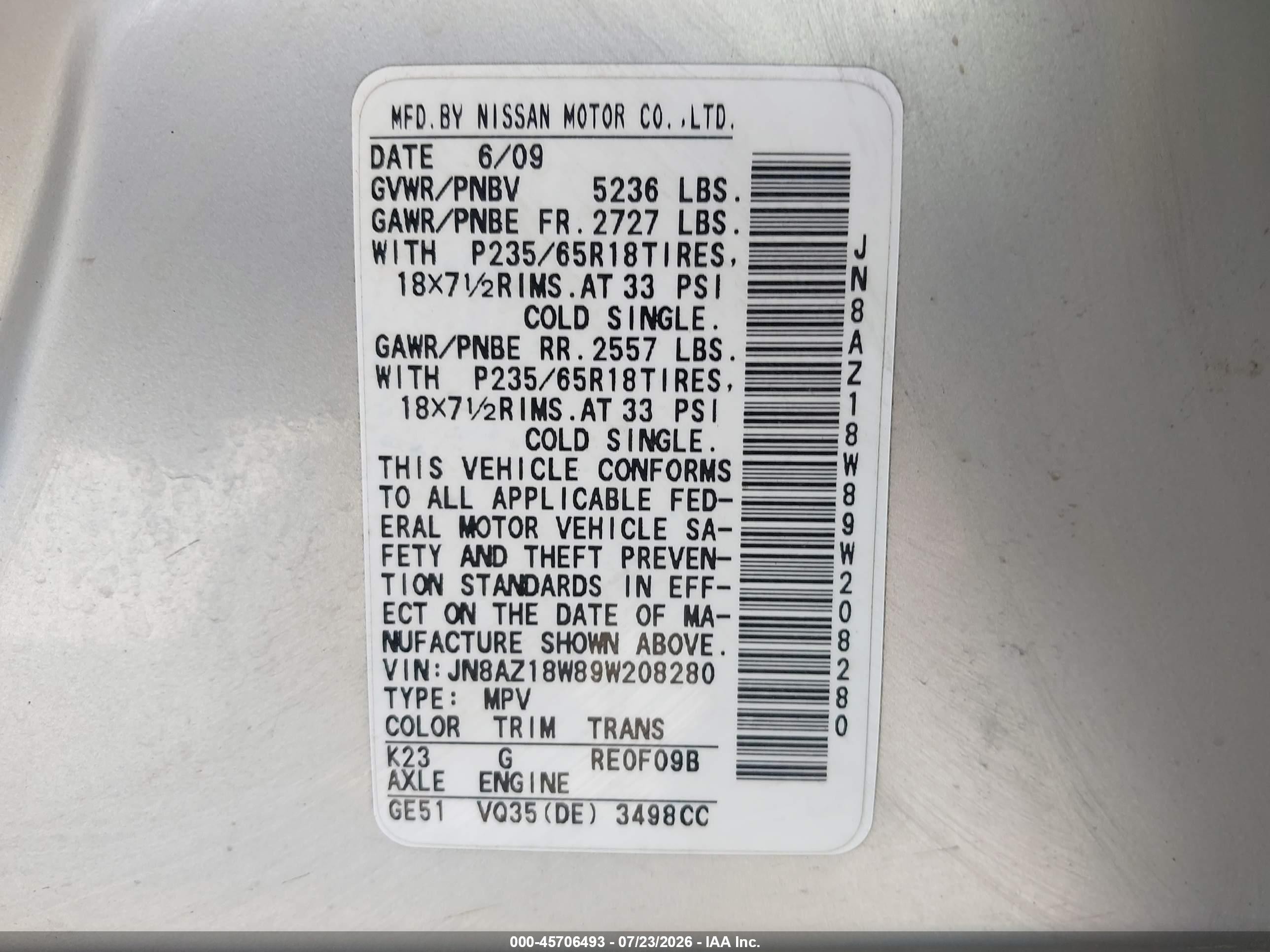 2009 Nissan Murano S Серебряный vin: JN8AZ18W89W208280