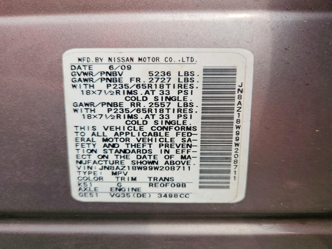 2009 Nissan Murano Beige vin: JN8AZ18W99W208711