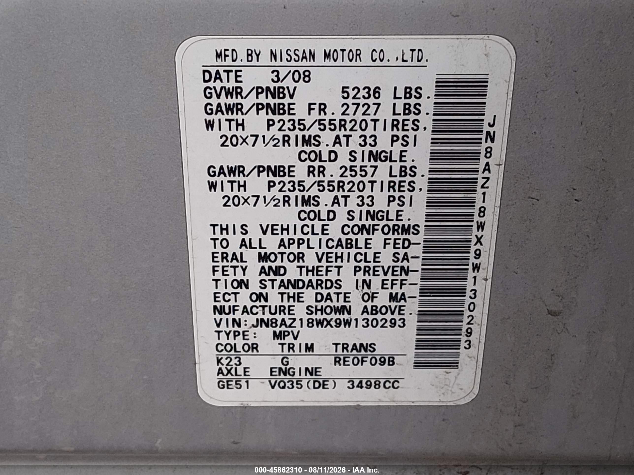 2009 Nissan Murano Le Silver vin: JN8AZ18WX9W130293