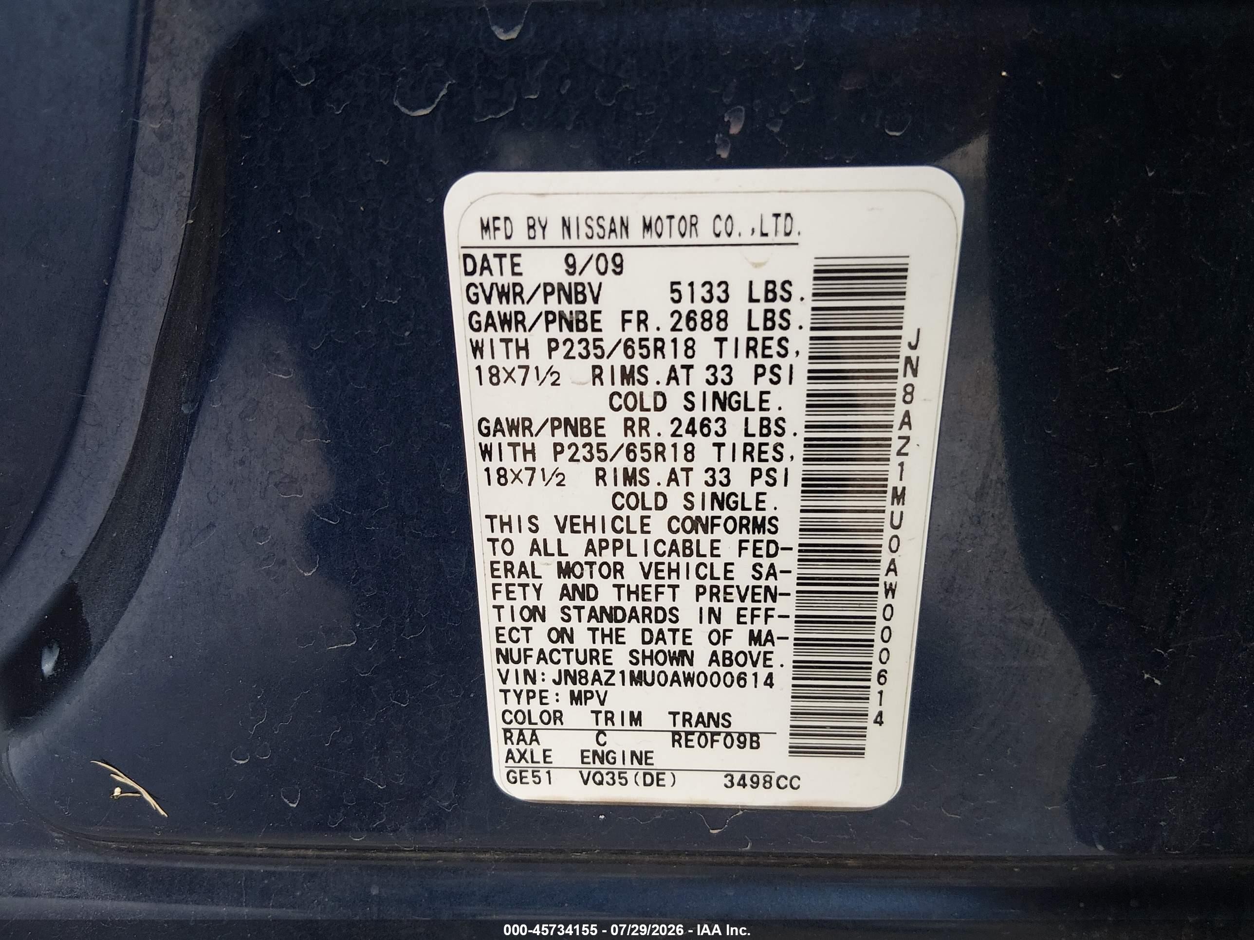 2010 Nissan Murano Sl Blue vin: JN8AZ1MU0AW000614