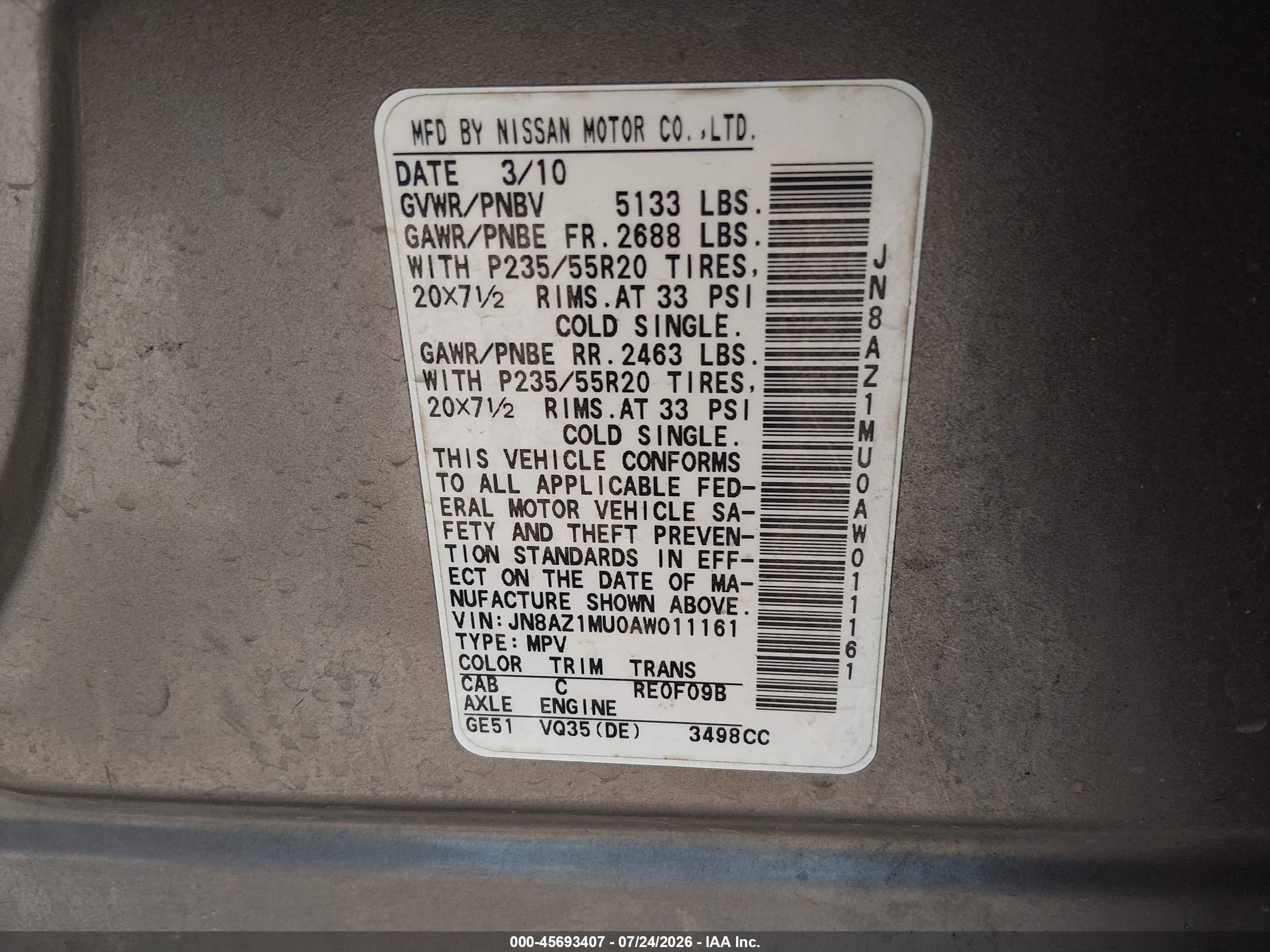 2010 Nissan Murano Le Tan vin: JN8AZ1MU0AW011161