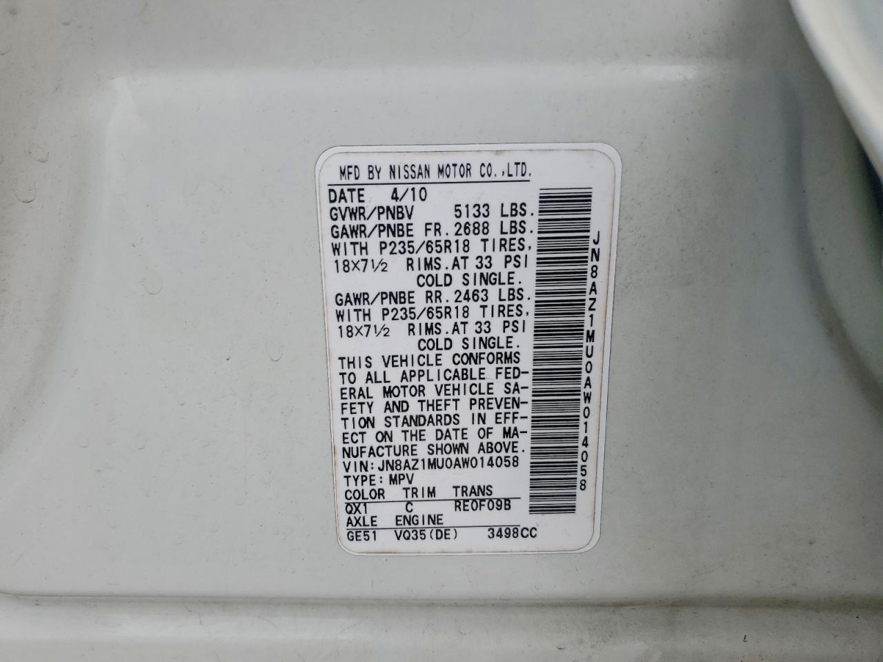 2010 Nissan Murano S Белый vin: JN8AZ1MU0AW014058