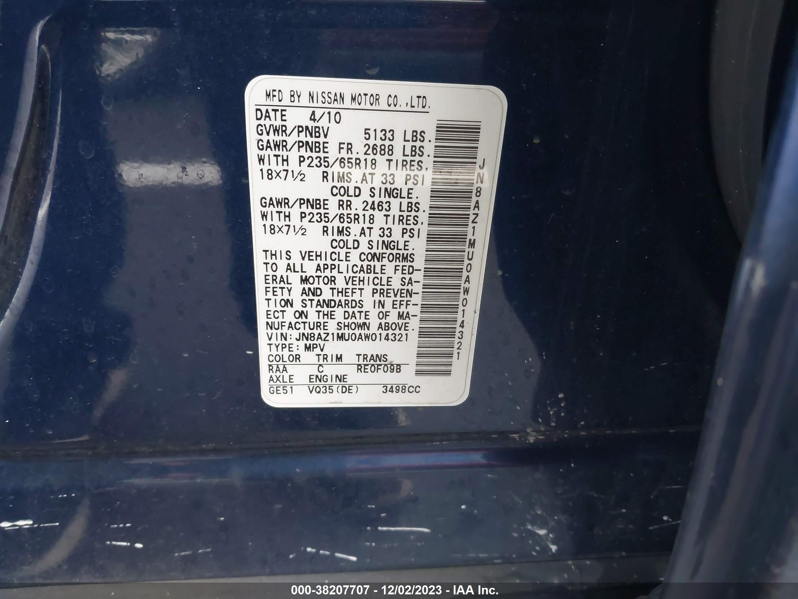 2010 Nissan Murano Sl Blue vin: JN8AZ1MU0AW014321
