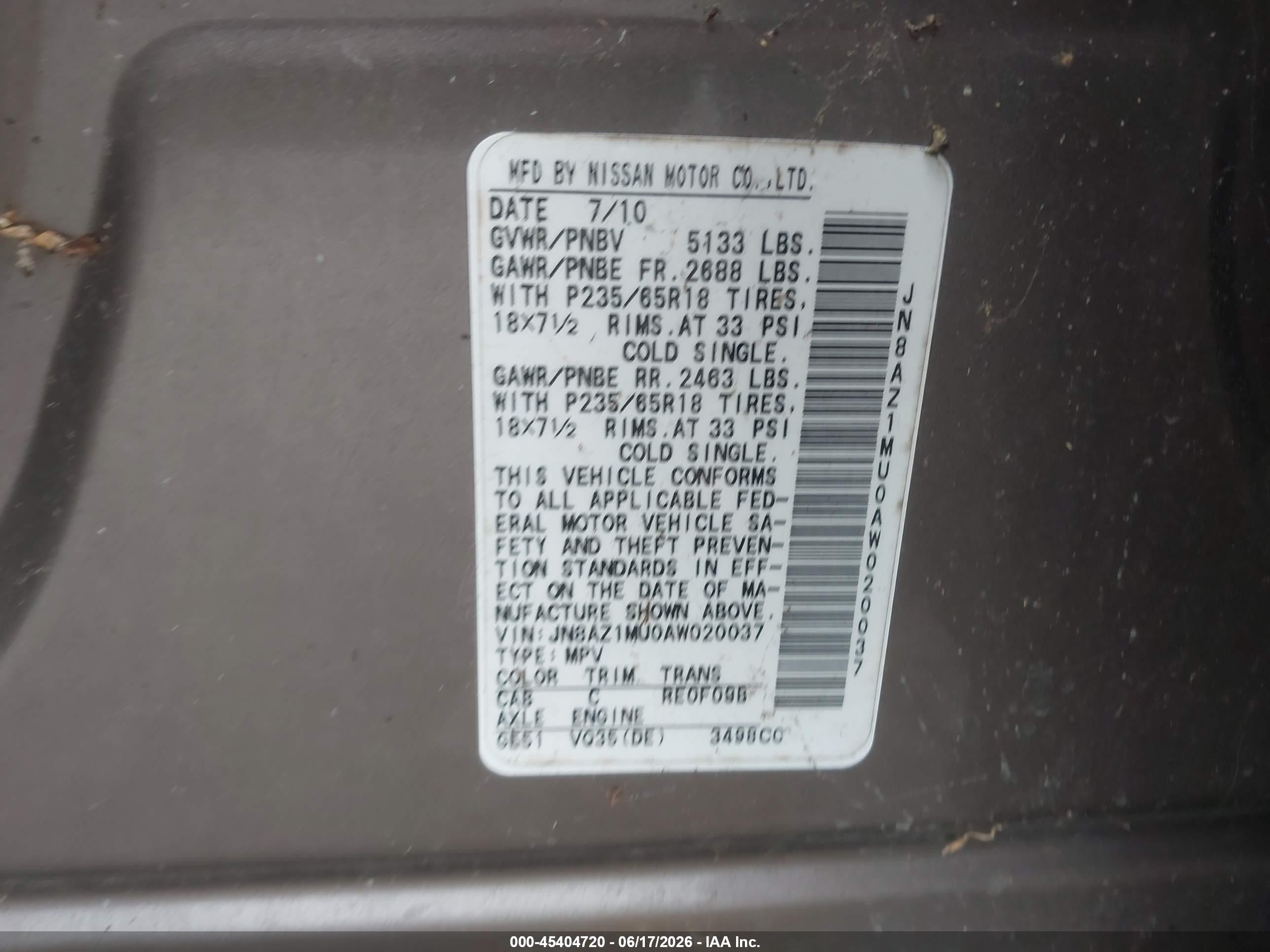 2010 Nissan Murano Sl Gold vin: JN8AZ1MU0AW020037