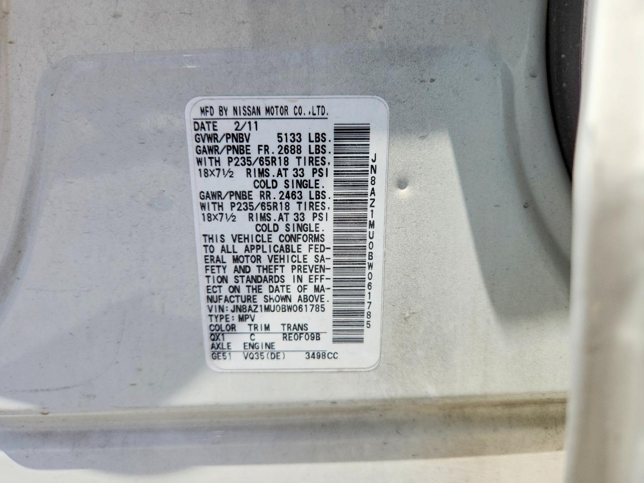 2011 Nissan Murano S White vin: JN8AZ1MU0BW061785