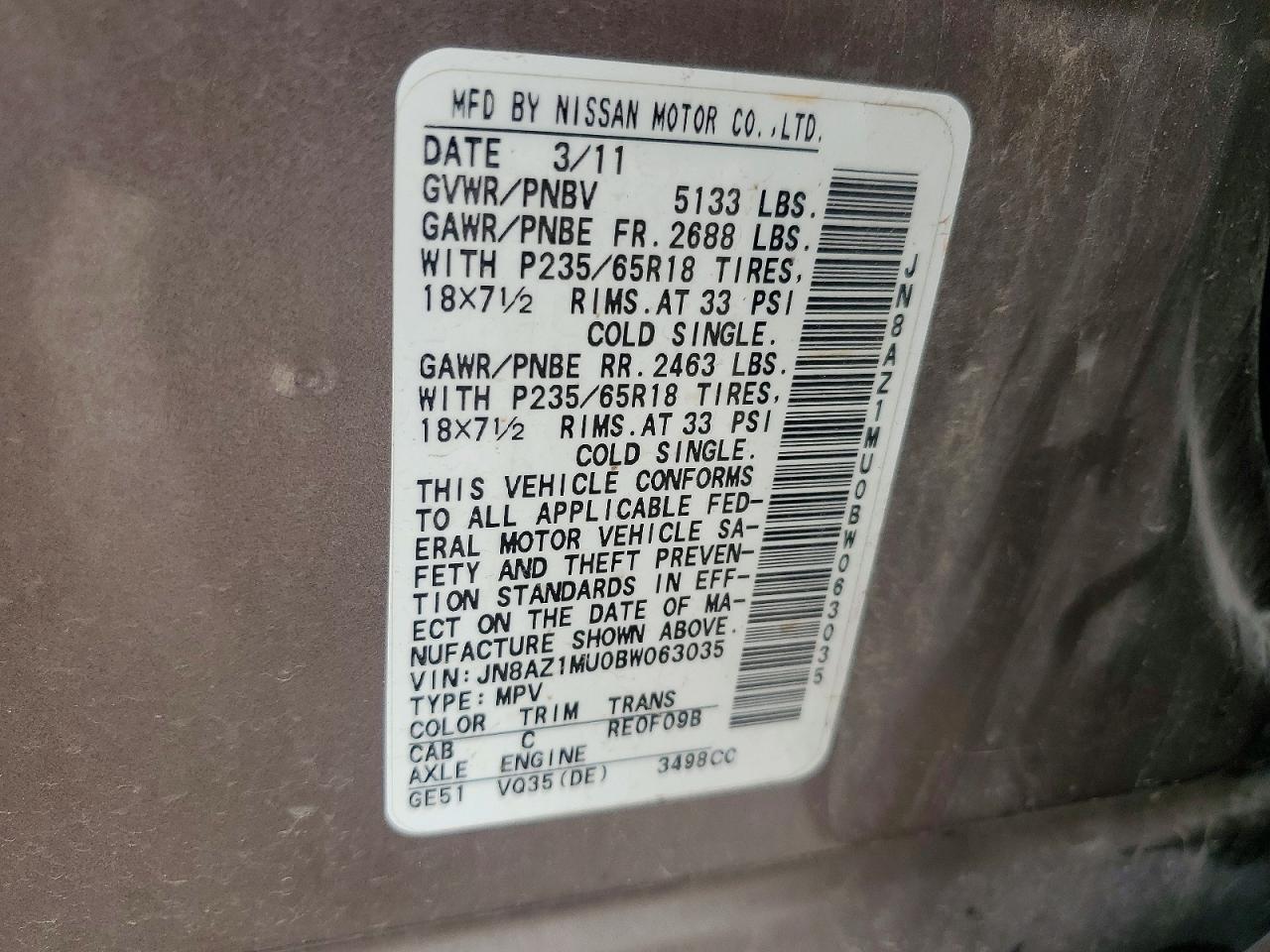 2011 Nissan Murano S Tan vin: JN8AZ1MU0BW063035