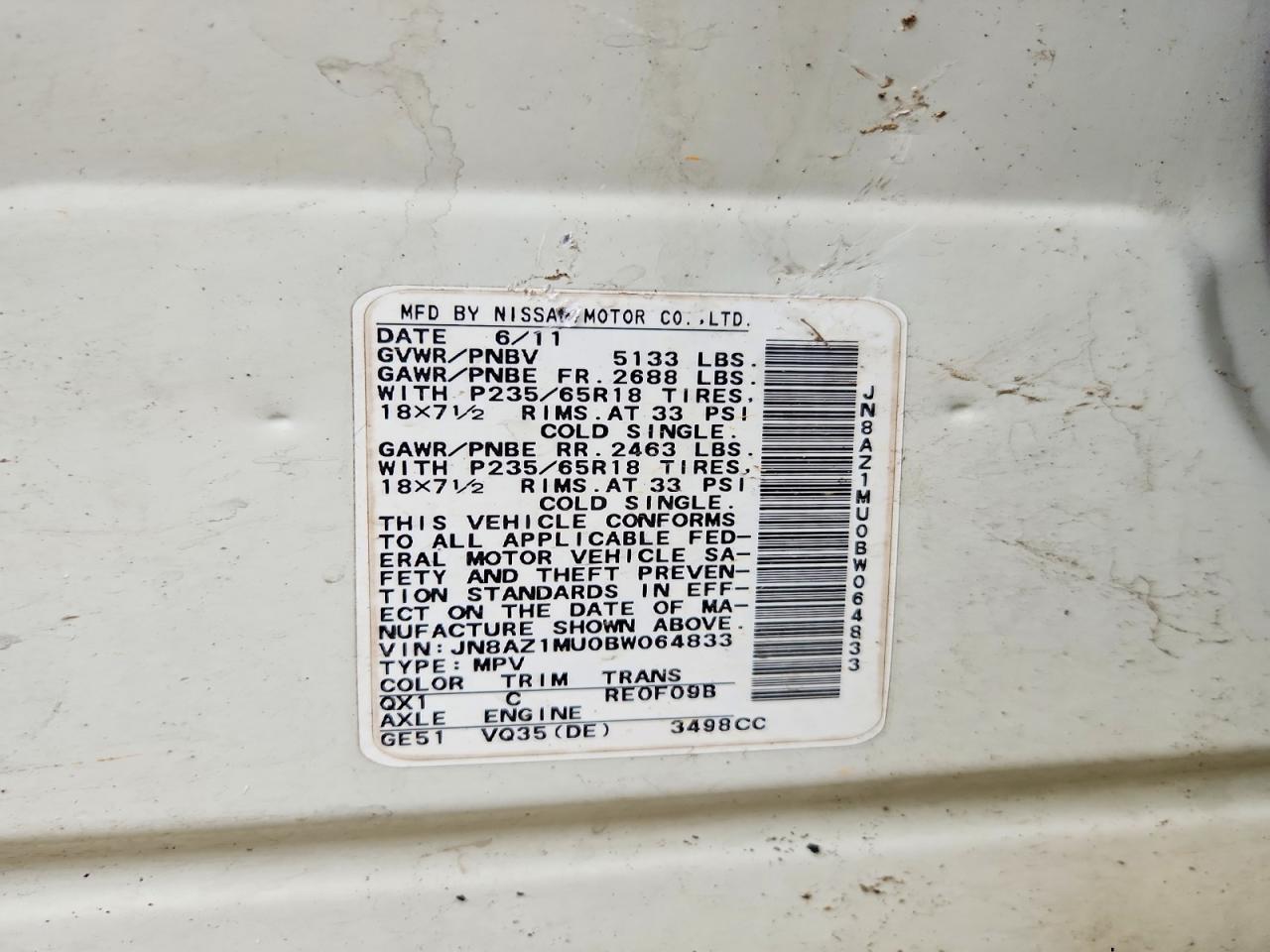 2011 Nissan Murano S White vin: JN8AZ1MU0BW064833