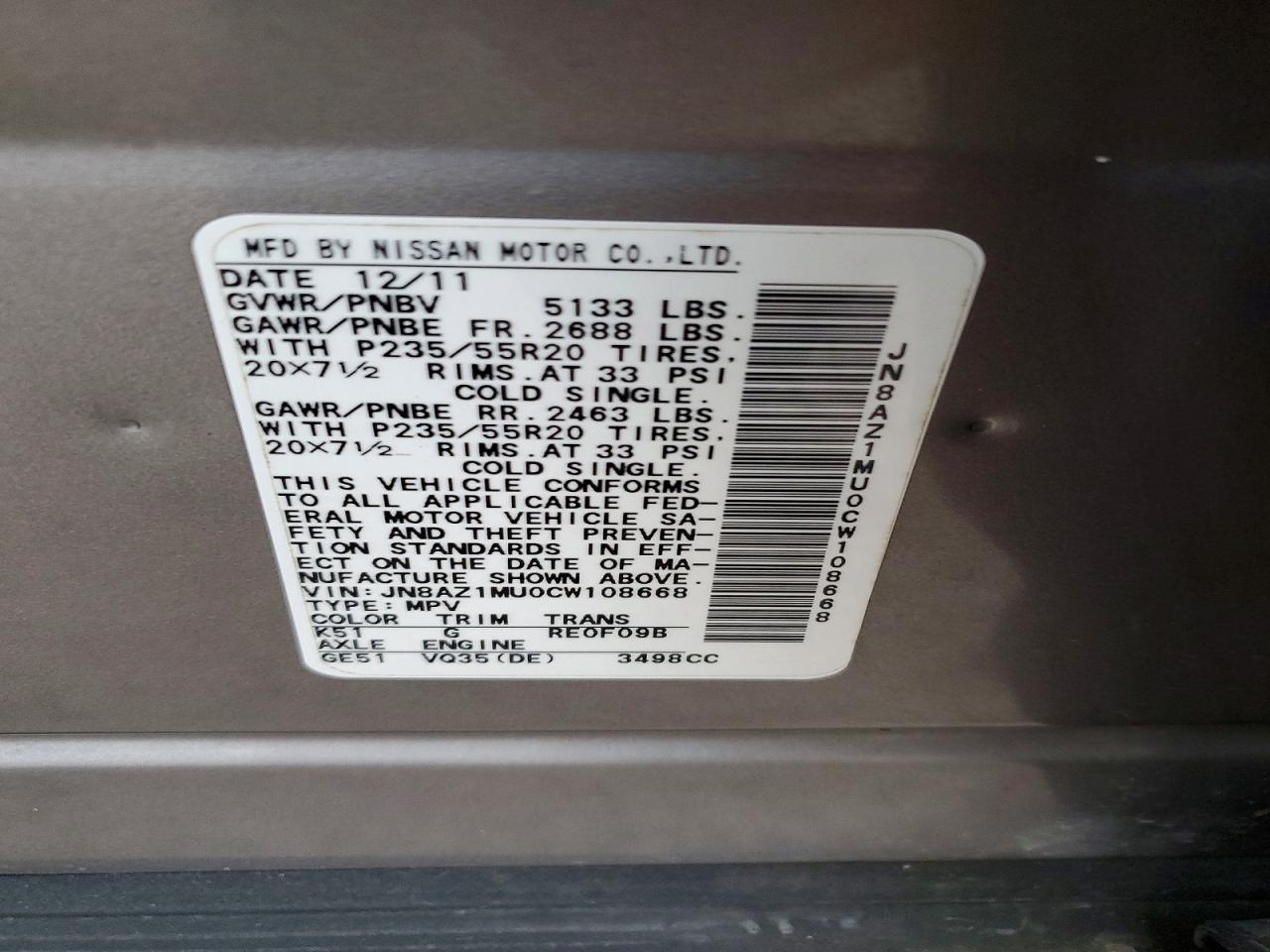 2012 Nissan Murano S Silver vin: JN8AZ1MU0CW108668