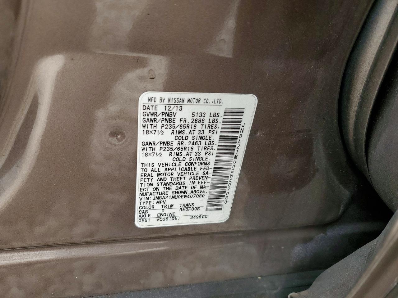 2014 Nissan Murano Sv Gold vin: JN8AZ1MU0EW407080
