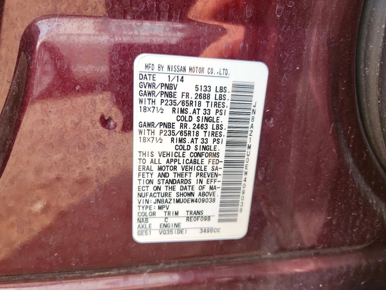 2014 Nissan Murano Sv Maroon vin: JN8AZ1MU0EW409038