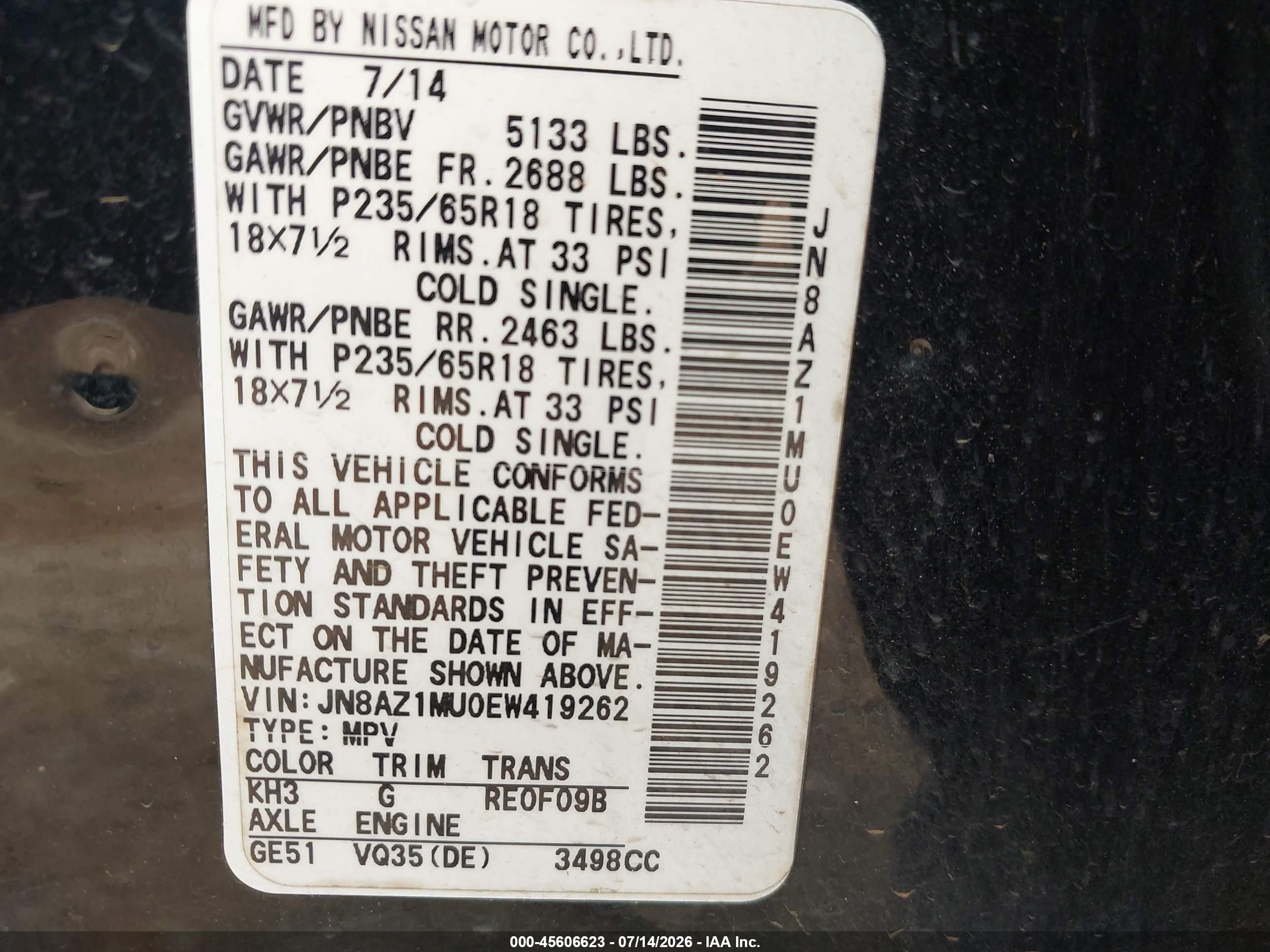 2014 Nissan Murano S Black vin: JN8AZ1MU0EW419262