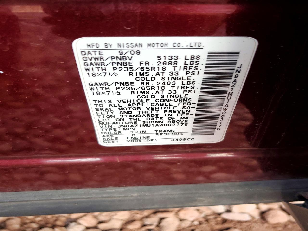 2010 Nissan Murano S Burgundy vin: JN8AZ1MU1AW002176