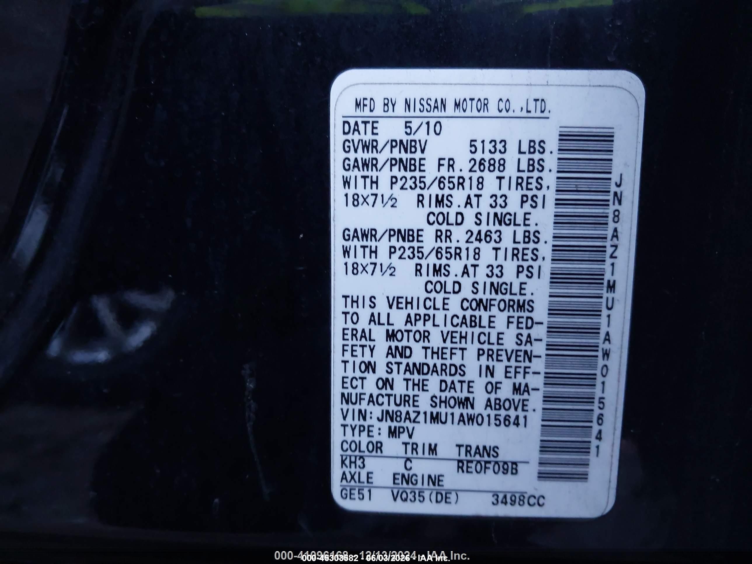 2010 Nissan Murano Sl Black vin: JN8AZ1MU1AW015641