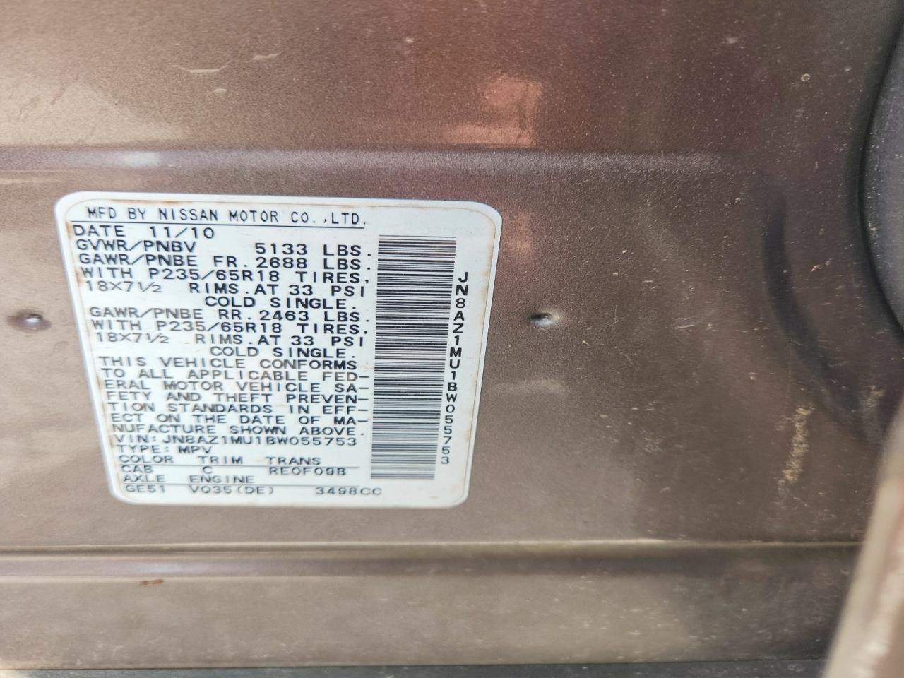 2011 Nissan Murano S Gray vin: JN8AZ1MU1BW055753