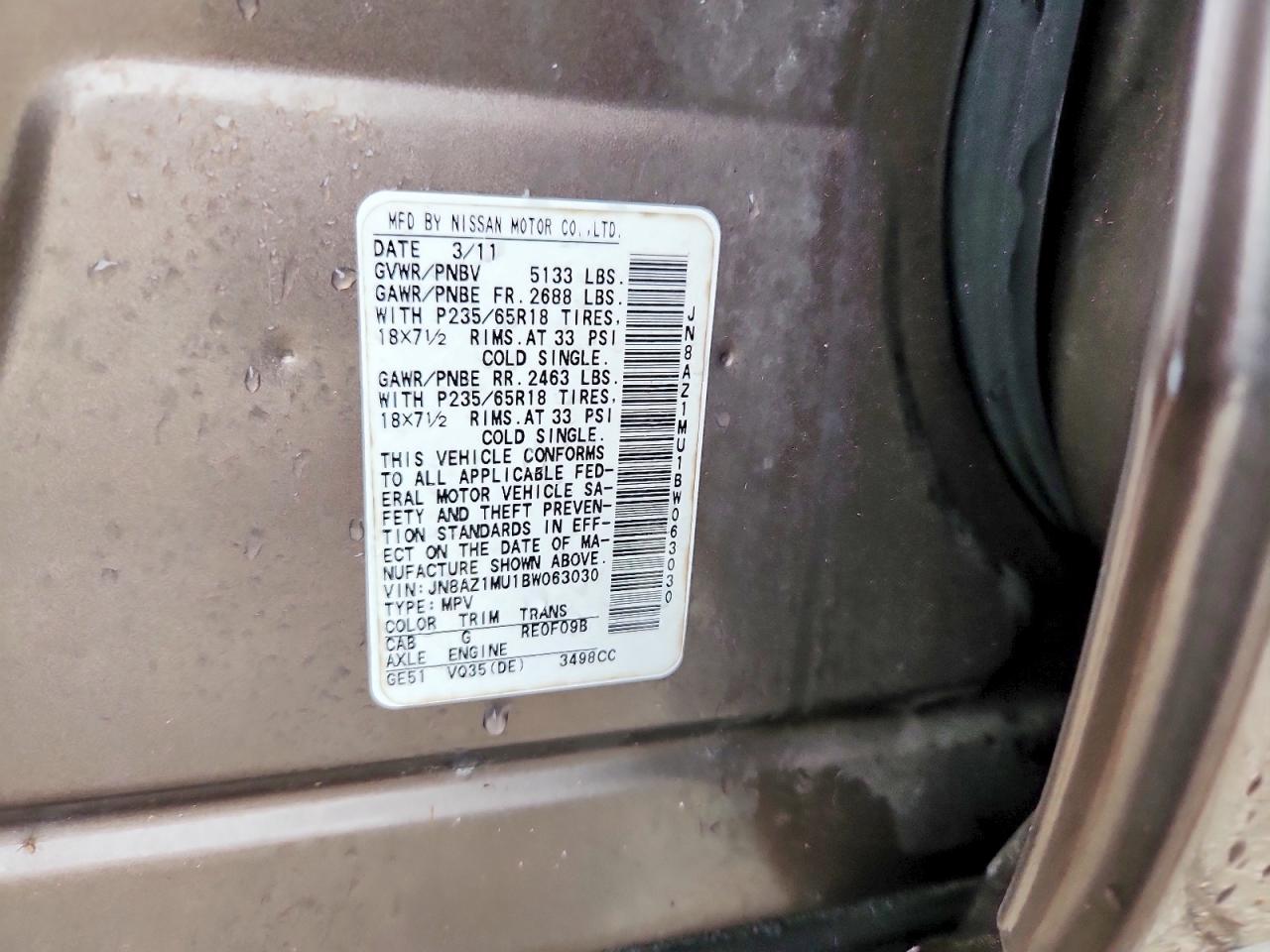 2011 Nissan Murano S Brown vin: JN8AZ1MU1BW063030