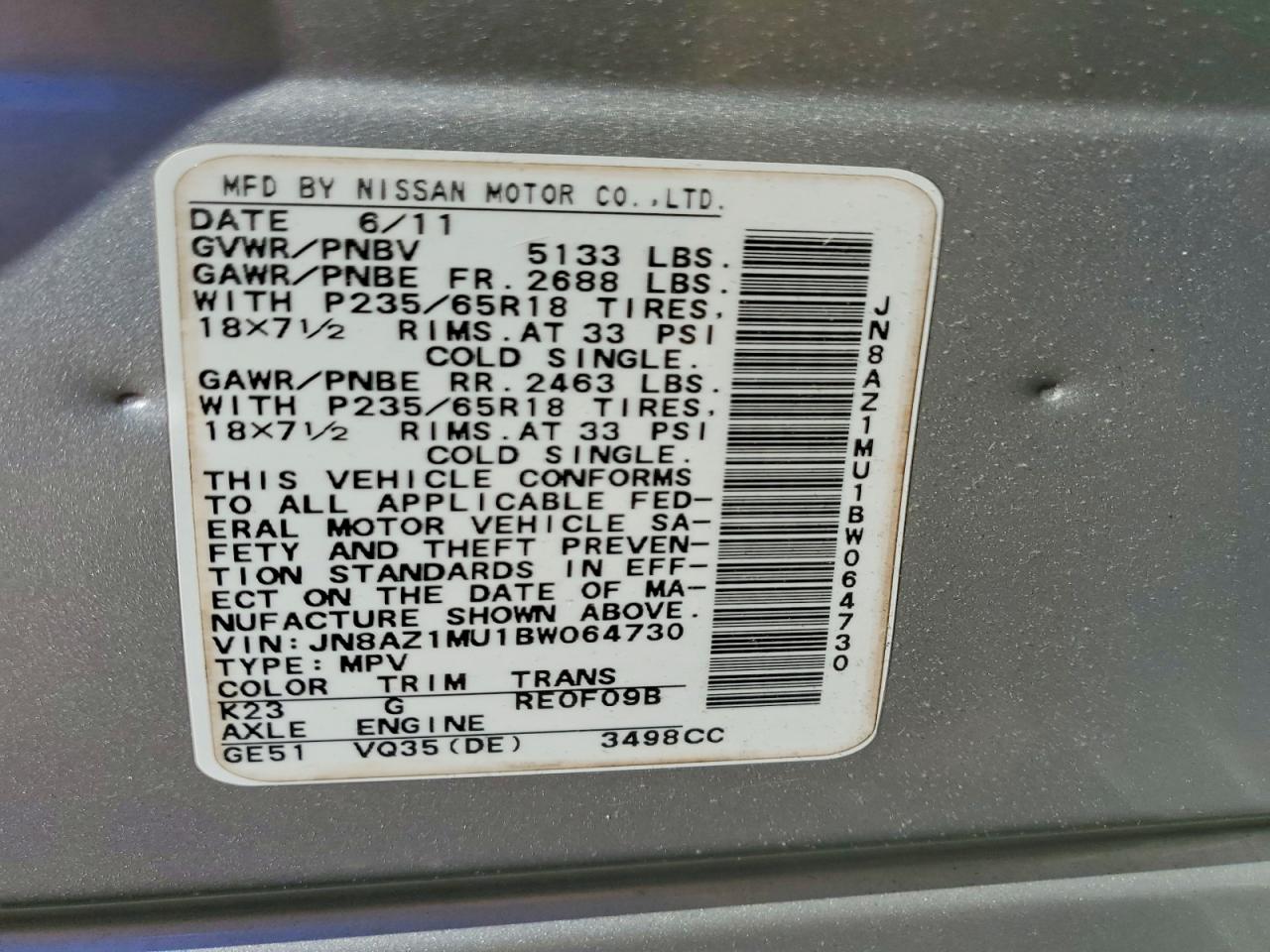 2011 Nissan Murano S Серебряный vin: JN8AZ1MU1BW064730